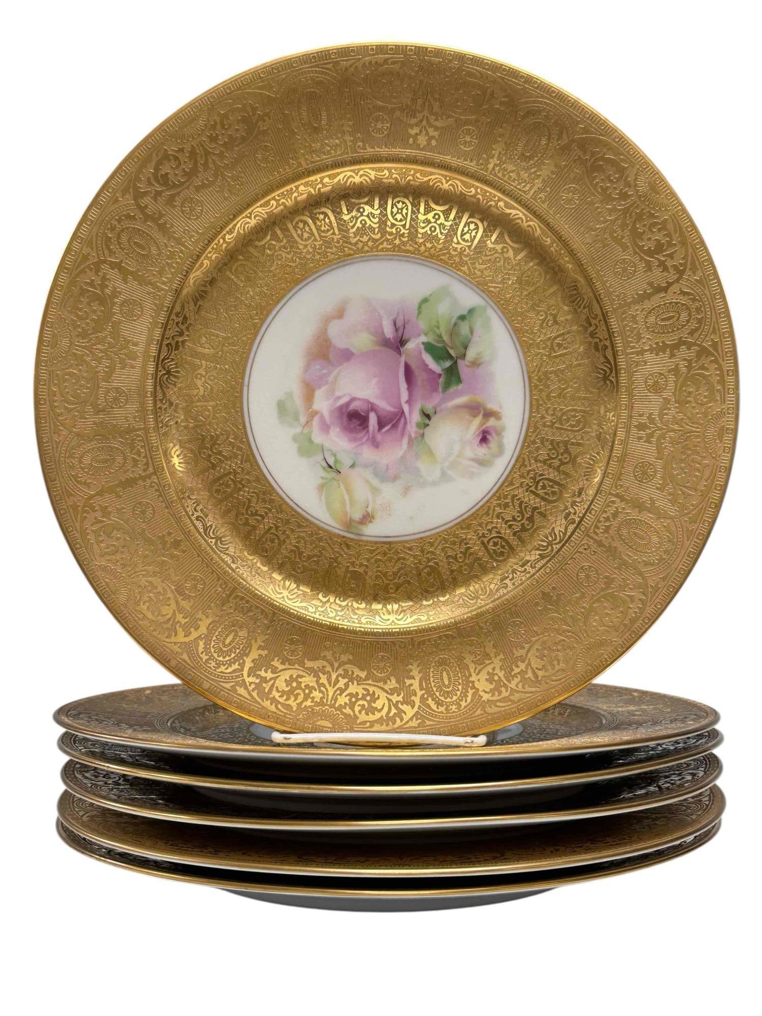 Heinrich and Co Selb Bavaria Gold Encrusted Porcelain Dinner Plates: Set of 6 Heinrich and Co., Selb, Bavaria, Gold-Encrusted Porcelain Dinner Plates. Featuring a central bouquet of pink, mauve, white, and yellow roses with green leaves. Elegant, deeply etched gold bor