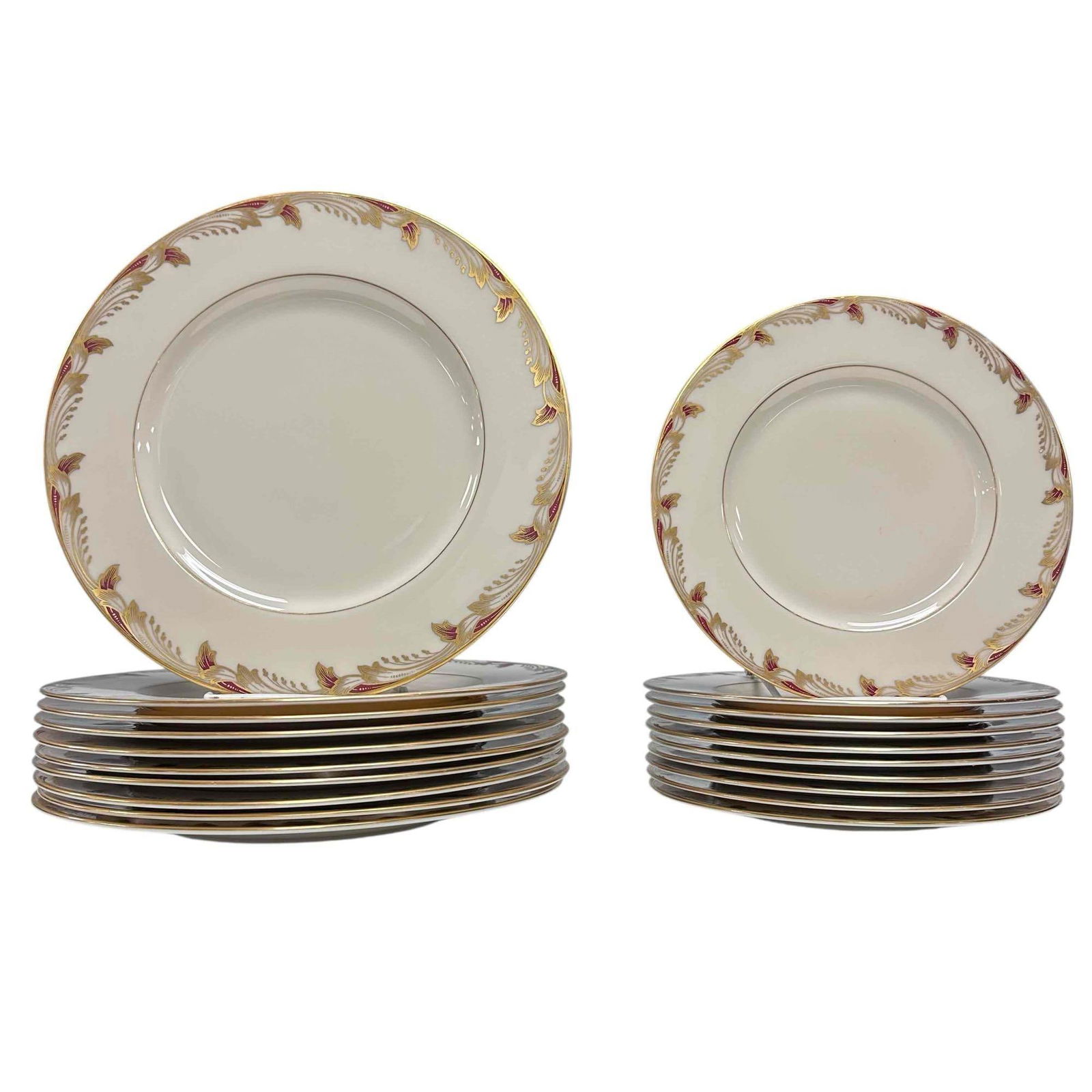Lenox Essex Porcelain Diner Set: Lenox Essex Maroon (Smooth). Pattern features a gold and maroon leaf motif along the rim of ivory China. Essex patterns was produced from 1938-1979. Dinner plates measure approx 10.5" set of 10 ,
