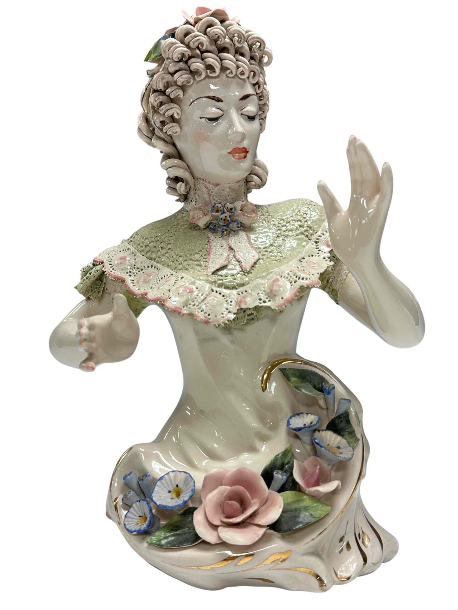 1940's Cordey Porcelain Bust of Woman 14.25" tall: Mid century hand painted porcelain bust of woman with applied Dresden lace flowers. Measuring approx. 14.25" tall. In age appropriate condition with areas of lace losses, see photos.