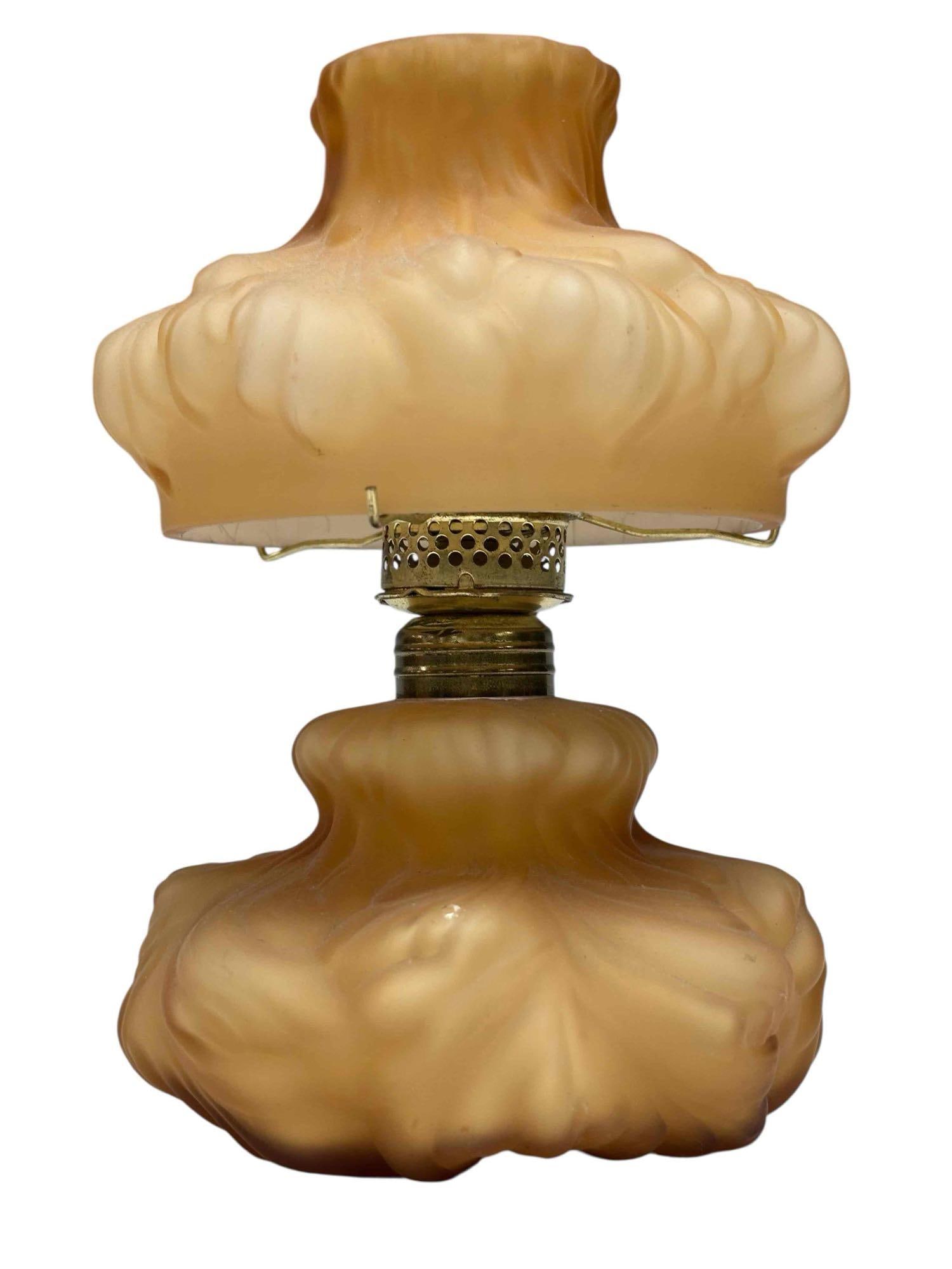 Fenton L.G. Wright Miniature "Puffy Plume" Satin Amber Cased Lamp: Fenton miniature "Puffy Plume" or "Puffy Rose" satin butterscotch cased glass oil lamp distributed by L.G. Wright. Measuring approx. 6.75" tall and appears to never been used. In good condition with