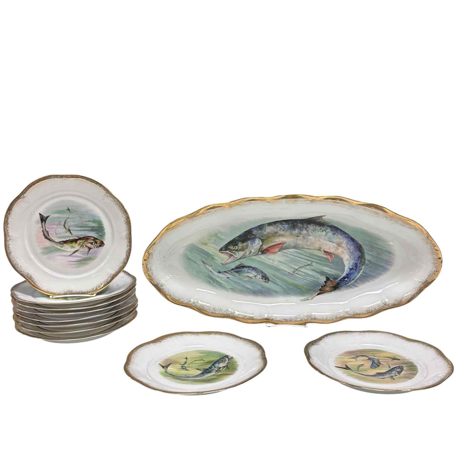 Mignon Z.S. and Co Bavaria Hand Painted Fish Plates with Platter: Service for ten porcelain wavy edge fish plates with oblong platter by Mignon Z.S. & Co. Bavaria. Each plate having fish with gold rim 9.25" diameter and platter having large fish scene measuring