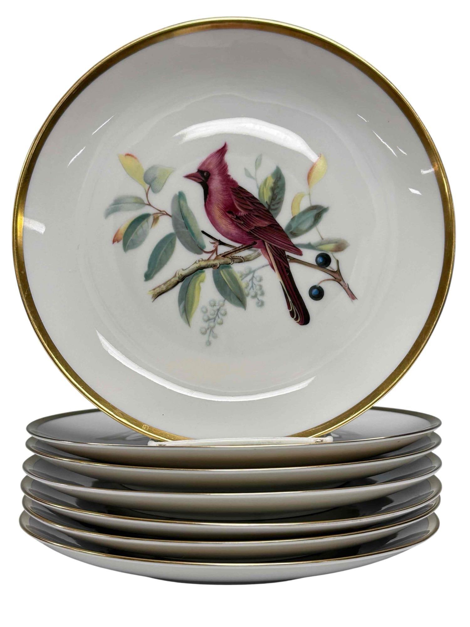 Hutschenreuther Audubon Bird Salad Plates: Hutschenreuther Audubon Bird salad plate collection of seven plates. These plates where made in Bavaria, Germany and distributed by Pasco. Designs inspired by James Aubudon. Gold rimmed on glossy