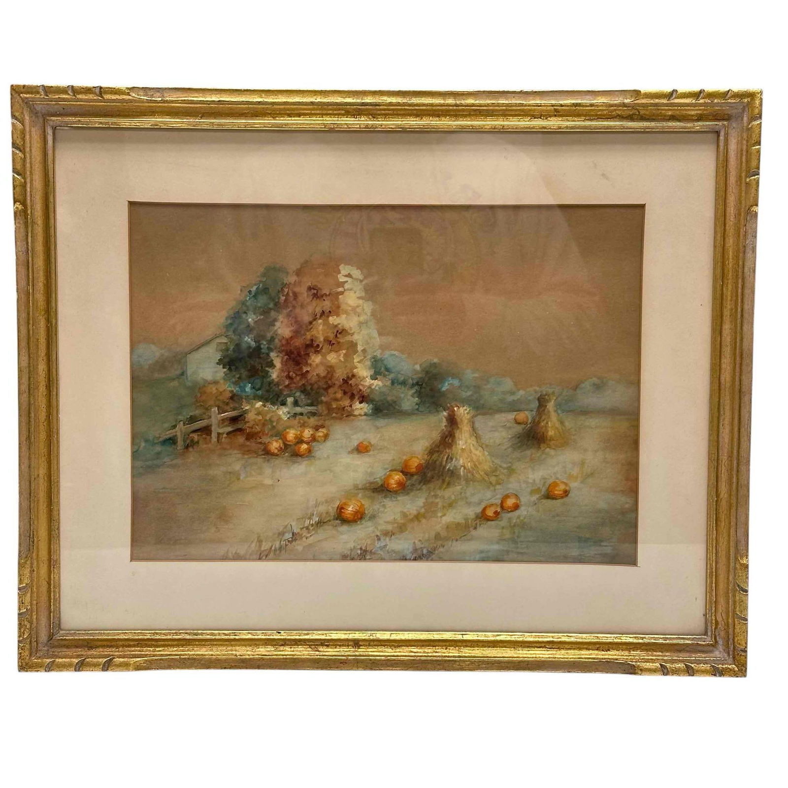 Marie Osthaus Griffith Watercolor on Canvas Framed and Matted: MARIE HENRIETTA OSTHAUS GRIFFITH (AMERICAN, 1855-1927), WATERCOLOR, H 9" x W 14", 15.75" tall by 19.75" wide fame. AUTUMN LANDSCAPE: Watercolor of an autumn farm landscape with hay bales and