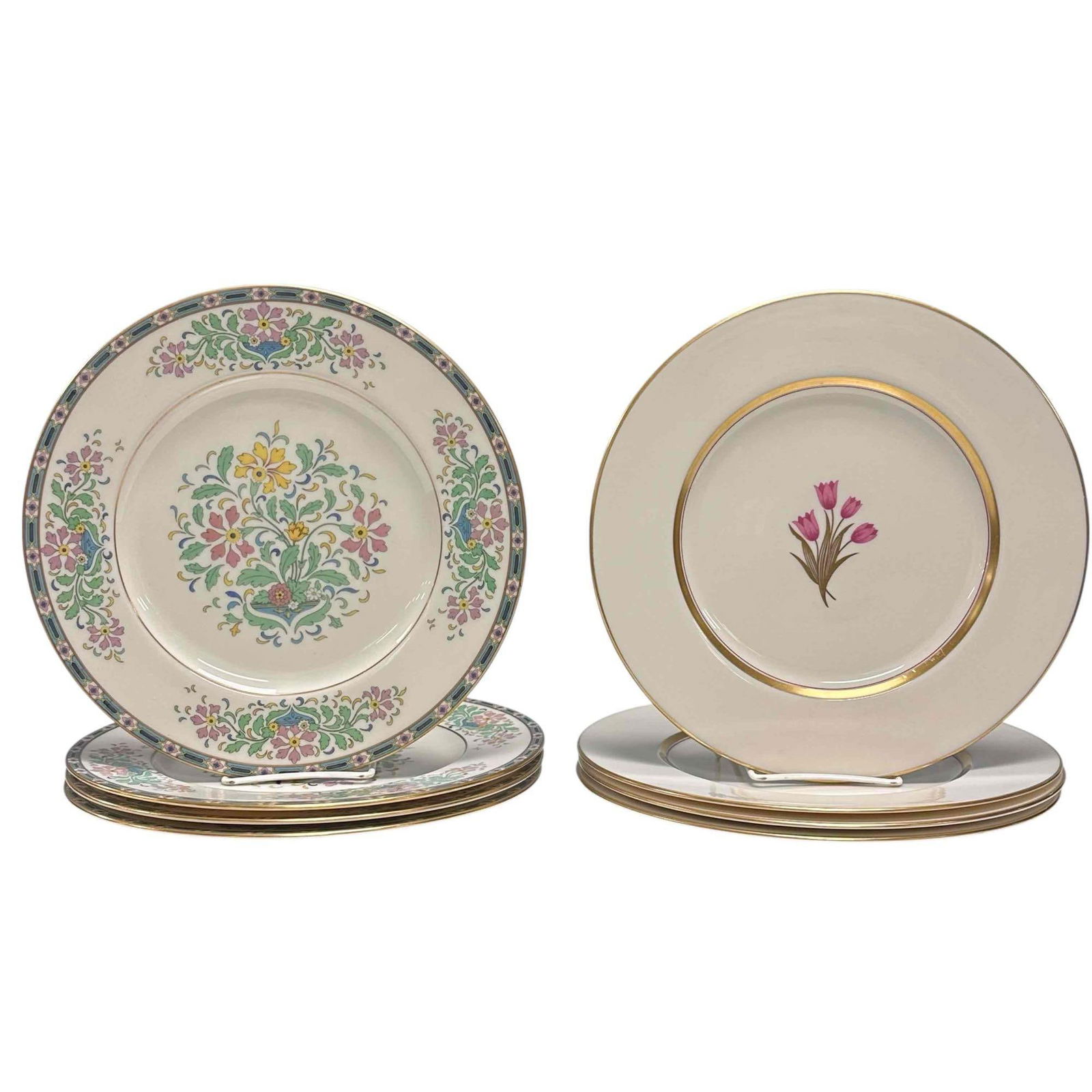 Lenox China 4 Bradford and 4 Mystic Porcelain Plates Double Lot: This lot consists of two different pattern sets of 4 porcelain plates each by Lenox. First set is the "Bradford" design p-468. Which features a simple yet elegant design with a central motif of