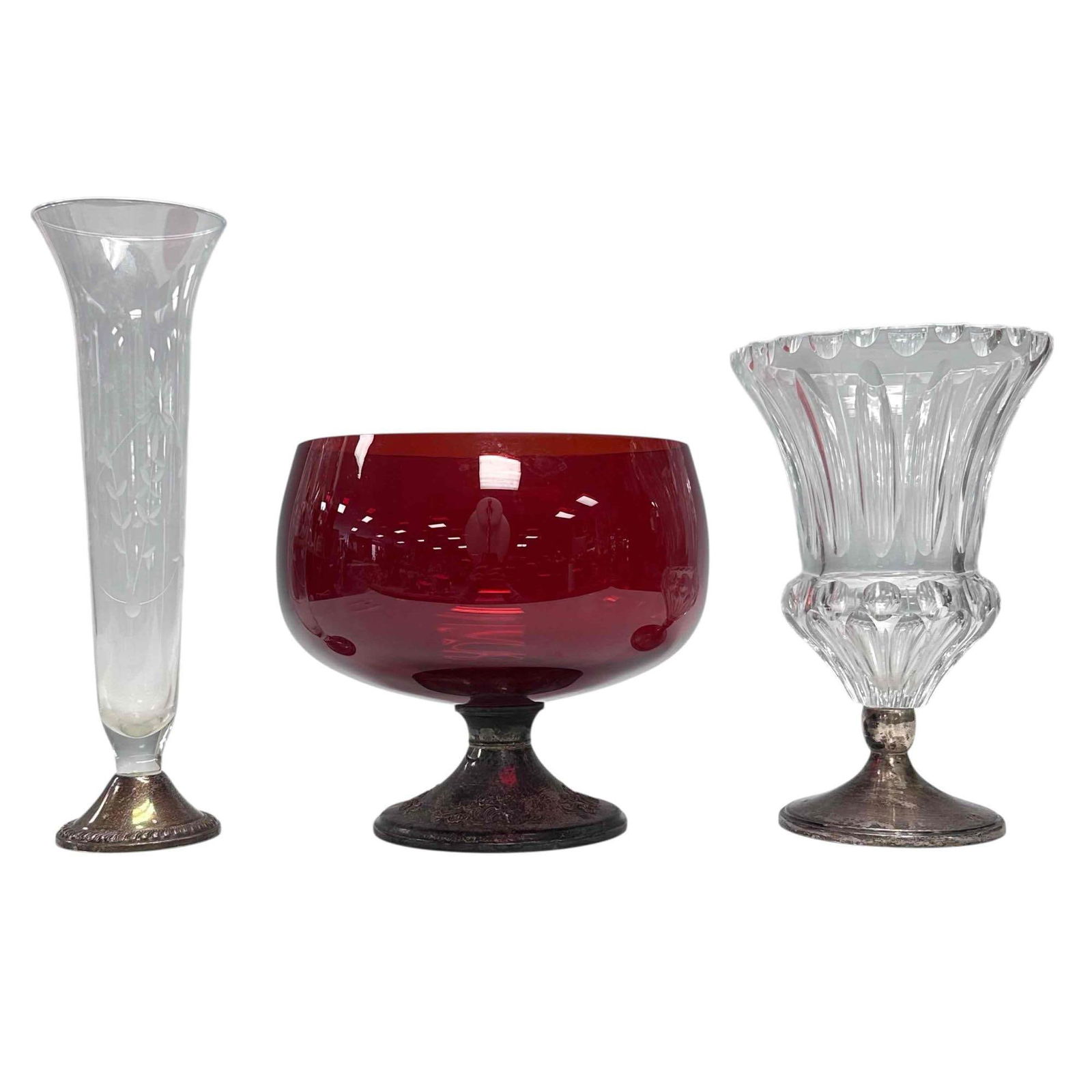 Gorham Sterling Silver Ruby Glass Compote and Vases (3): Gorham ruby red glass compote with raised relief weighted sterling silver base 6.25" tall with chip to rim, etched floral design bud vase with weighted sterling silver base 9.75" tall and fluted glass
