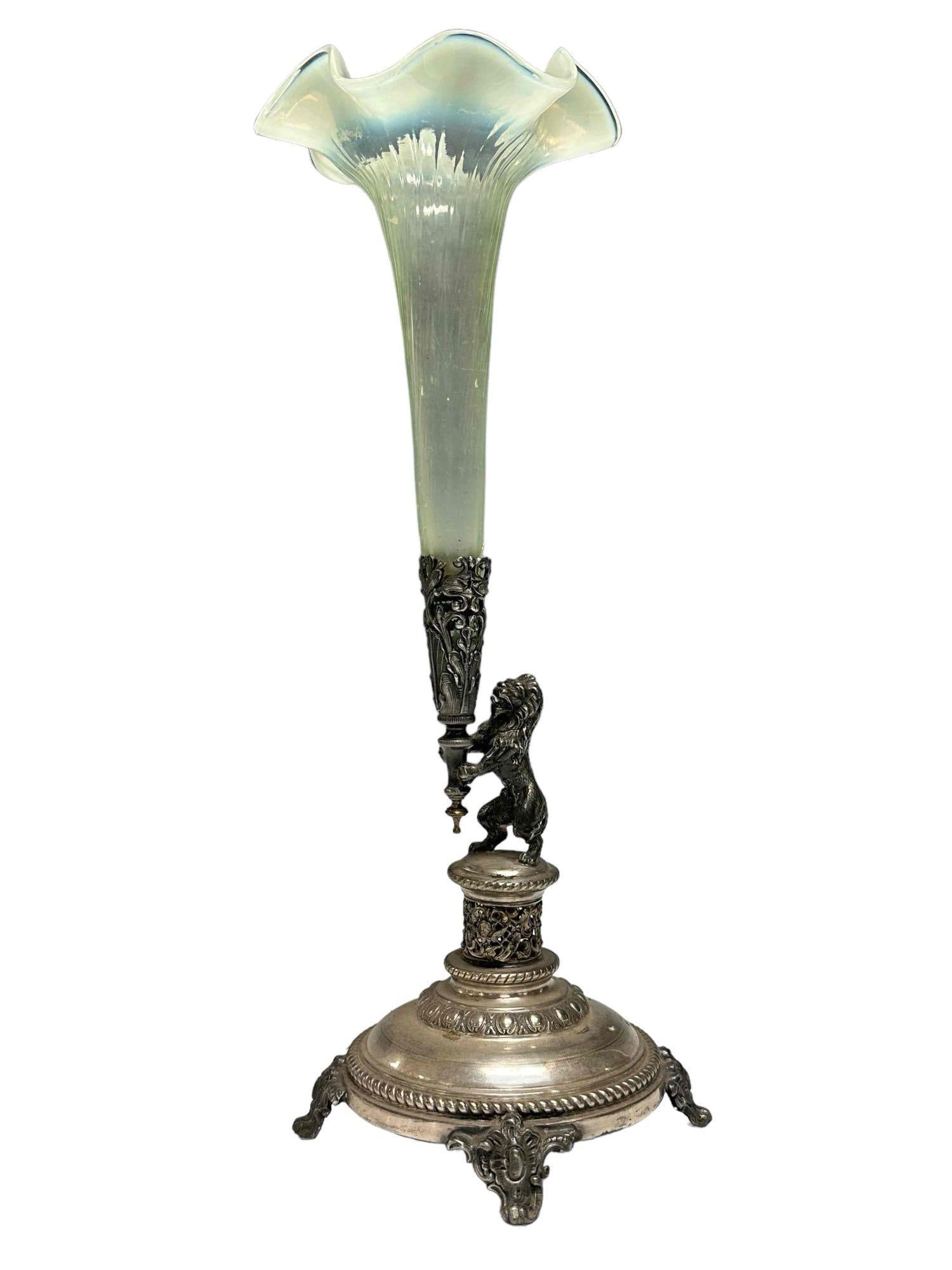 Green Opal Art Deco Glass Vase in Ornate Silver-Plated Frame: Fine Italian renaissance silver plated frame holding Green Opal art glass trumpet horn vase with ruffled edge. Measuring approx 15" tall. Light use and wear consistent with age, as shown, see photos
