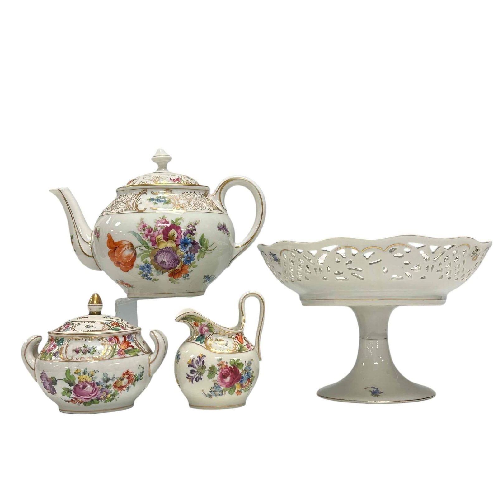 Dresden Schumann Porcelain Tea Service and Compote Center Bowl (4): Schumann Bavaria "Empress Dresden Flowers" porcelain tea service and compote. Depicting multi-color floral pattern with gold gilt scroll-work trim. Includes lidded cream and sugar 4.25" tall, teapot 6