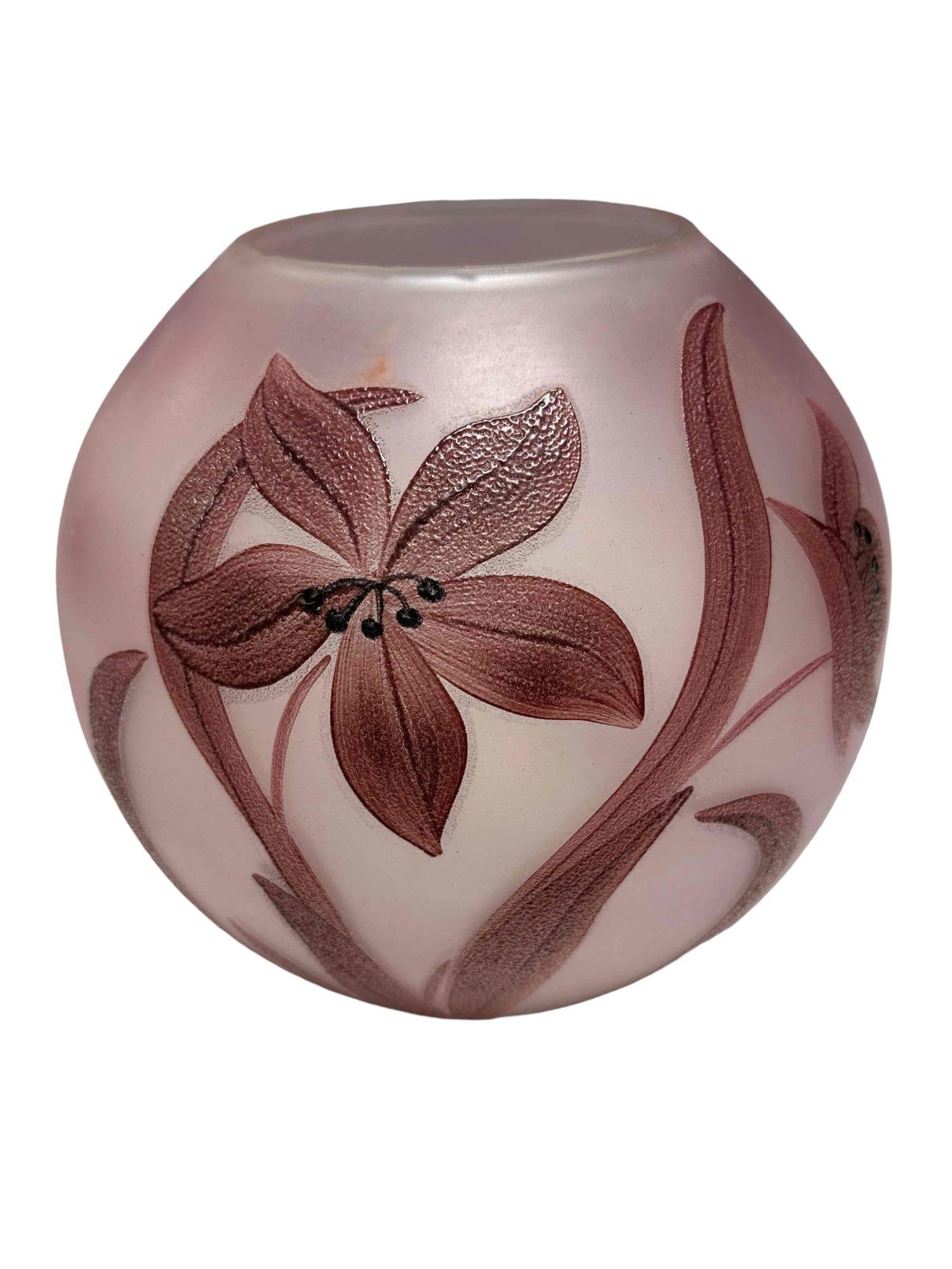 Art Nouveau Cameo Art Glass Fish Bowl Vase: Frosted purple with dark lily flowers. measuring approx 10" in diameter. Overall condition, no found signature, but very well presented art glass for your collection or decor, see photos, Few small in