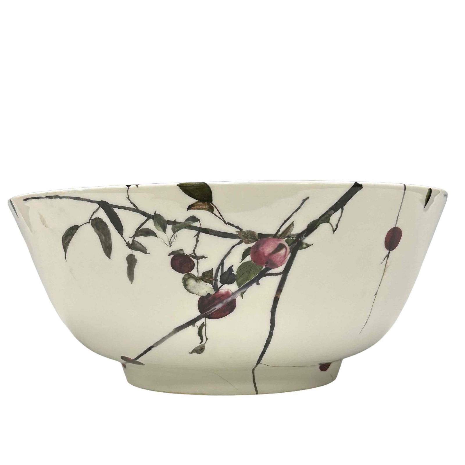 Royal Doulton Andrew Wyeth Center / Punch Bowl: Royal Doulton Andrew Wyeth porcelain punch bowl- white porcelain bowl decorated with fruit and branches, marked Royal Doulton / Andrew Wyeth. Measuring approx 5''h, 12 1/2''dia. Shows some heavy crazy