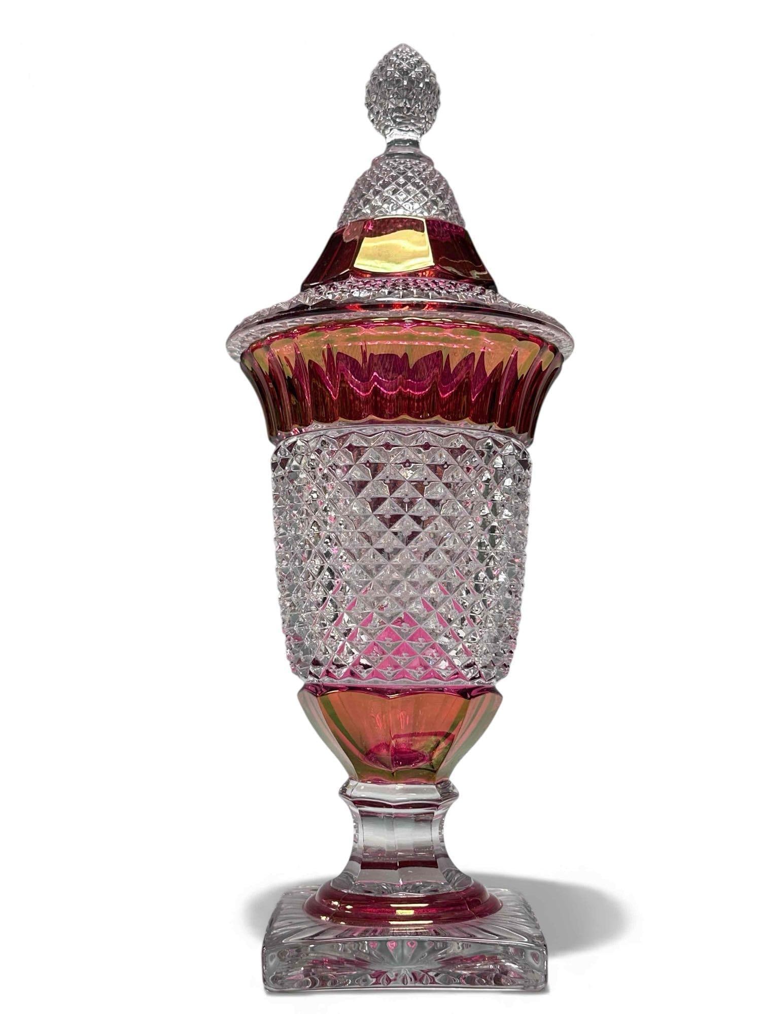 Westmoreland Ruby Flashed Glass Covered Candy Dish: Late 19th early 20th century American pressed glass "Diamond Point" ruby red flashed glass compote lidded candy dish. Measuring approx. 15" tall on square base. In good age appropriate condition with