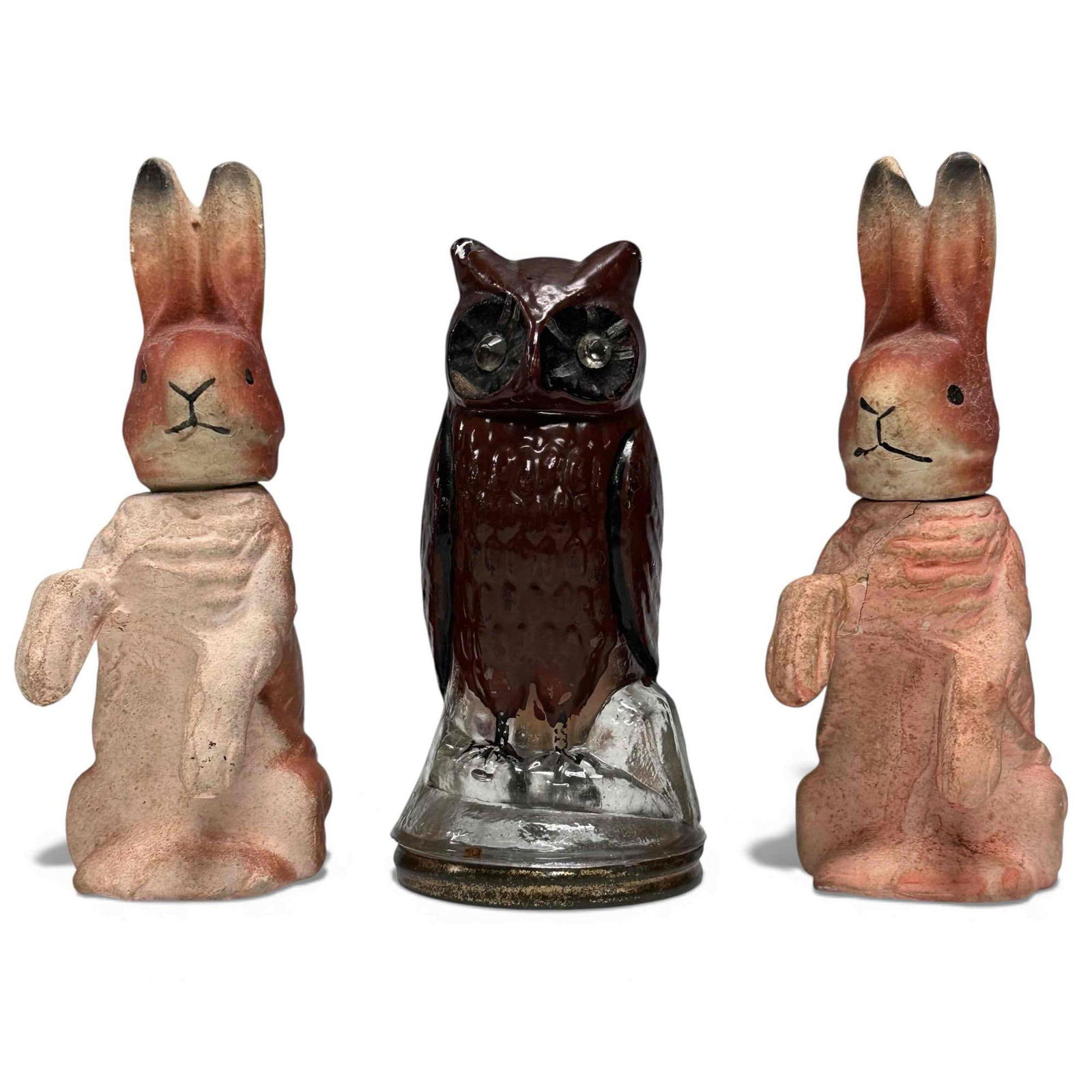 German Paper-Mache Easter Bunny Rabbits, Belsnickle Santa Claus & Glass Owl Candy Containers (1 of 14)