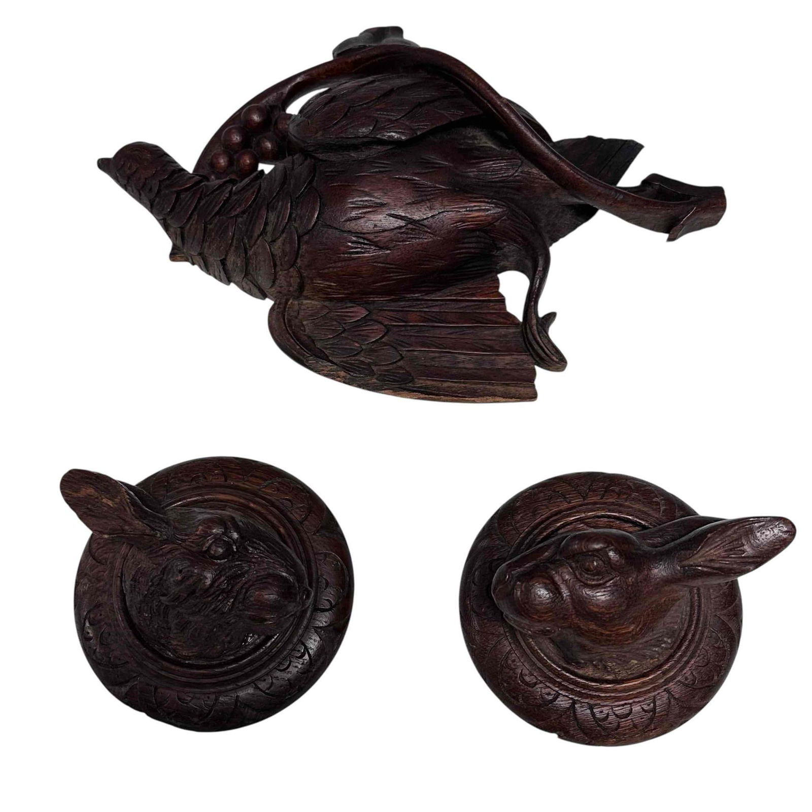 Architectural Carved Walnut Wall Hanger Game Rabbit Head and Pheasant (3) (1 of 16)