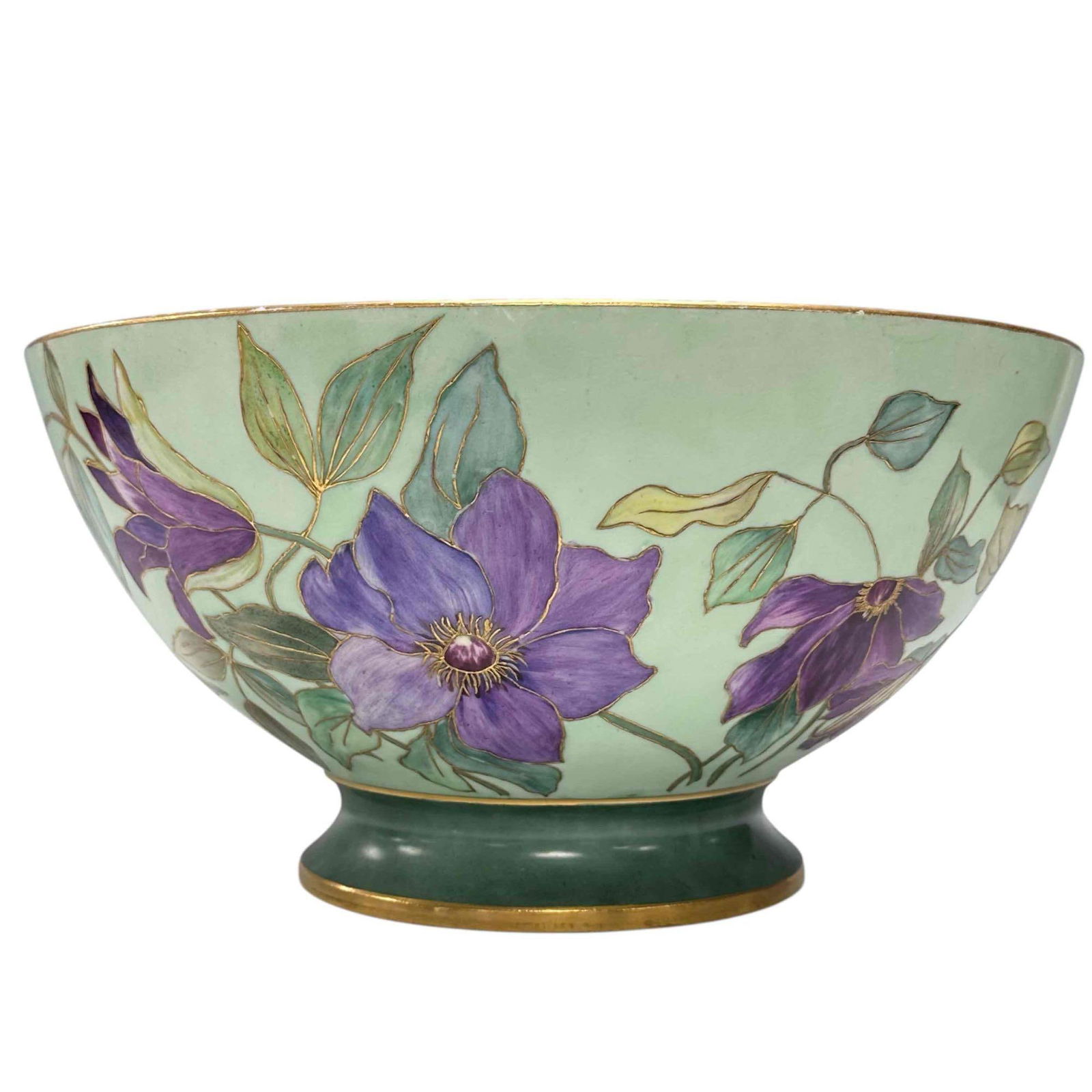 William Guerin Limoges Porcelain Footed Punch Bowl: Circa 1920's William Guerin (WG and Co) Limoges hand painted art nouveau porcelain footed punch bowl. Hand painted in vibrant purple clematis flowers on a mint green background and peach pastel interi