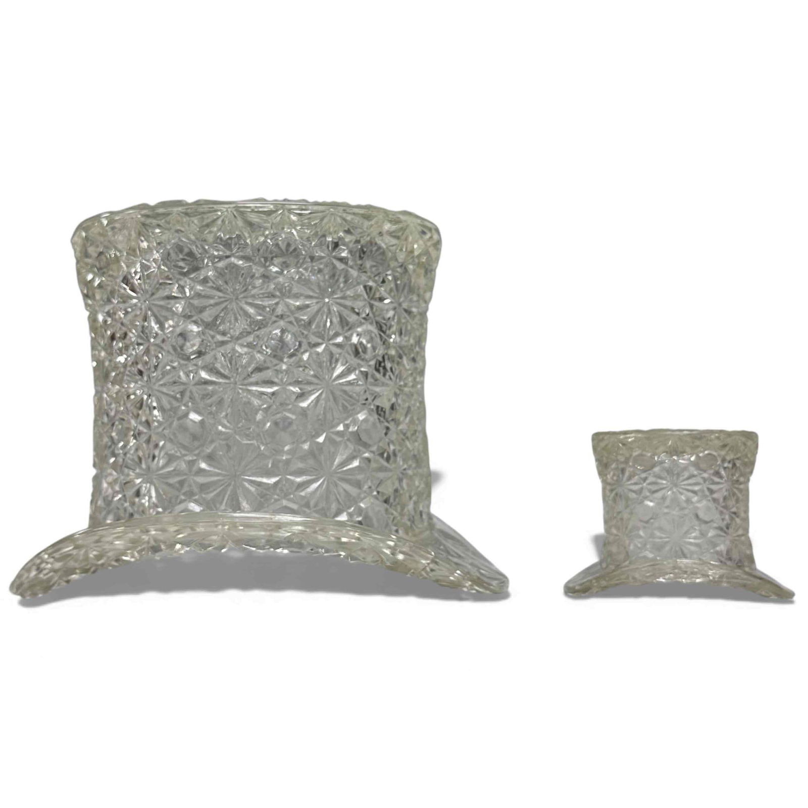 Fenton Pressed Glass "Daisy and Button" Top Hats (2): Fenton "Daisy and Button" pattern pressed glass large top hat ice bucket approx. 6" tall by 8" wide and smaller toothpick holder 2.5" tall. In good condition, see photos.