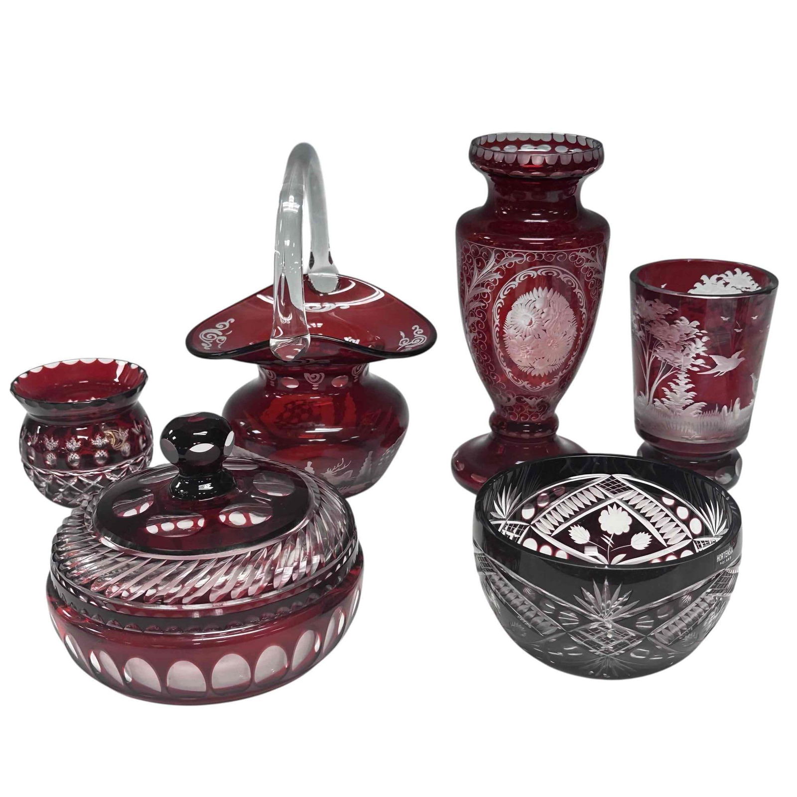 Bohemian Ruby Cut To Clear and Etching Six Piece Grouping (6): Including; ruby red cut to clear lidded bonbonniere or lidded crystal candy dish 5" tall by 6.5" wide with no breaks, wild boar and pheasant etched hunting motif beer stein 5.25" tall no breaks, Horte