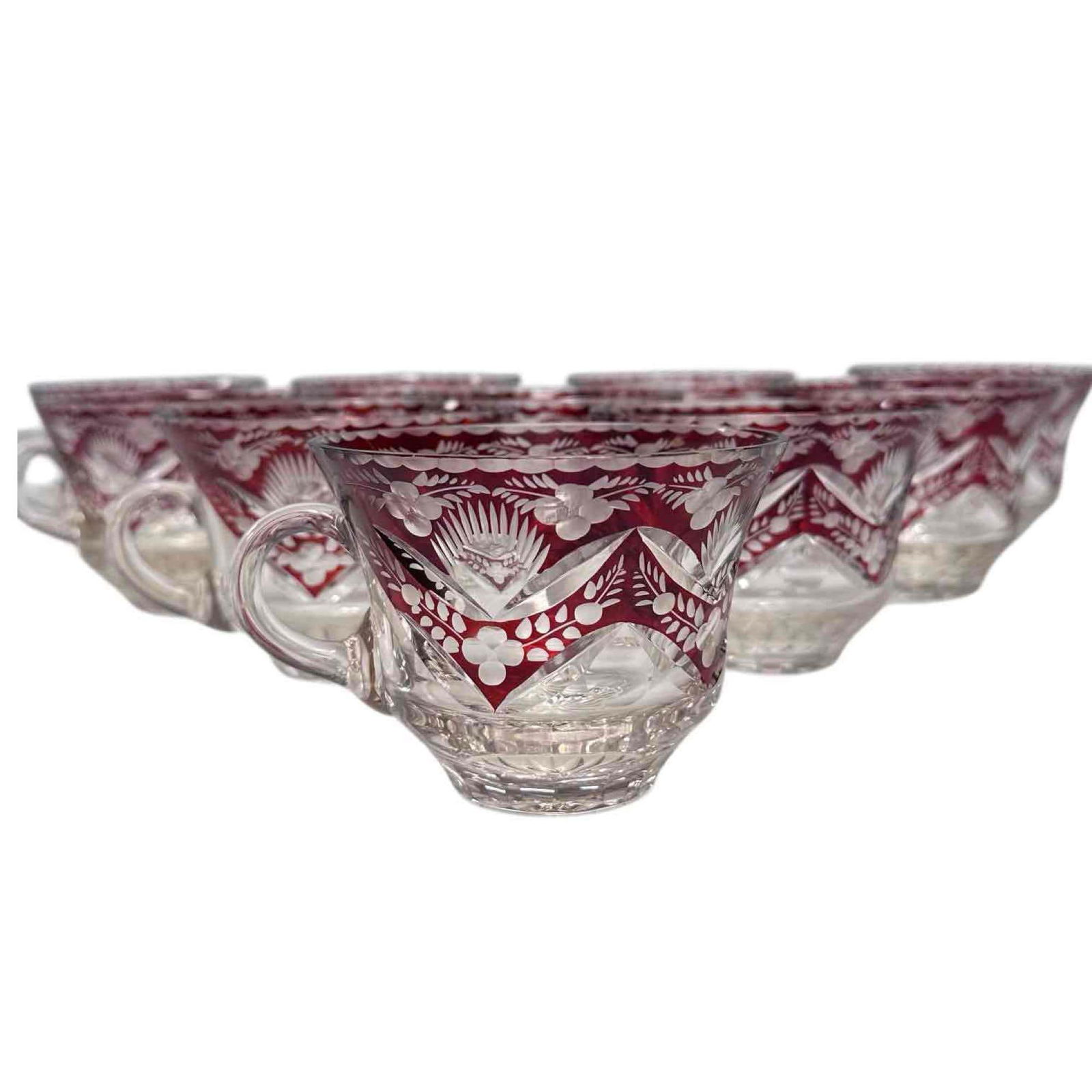 Anna Hutte Ruby Flash Crystal Punch Cups (10): Set of ten ruby red flash overlay crystal punch cups in cut geometric floral design. Measuring approx. 2.75" tall. In good condition with no breaks noted, see photos.