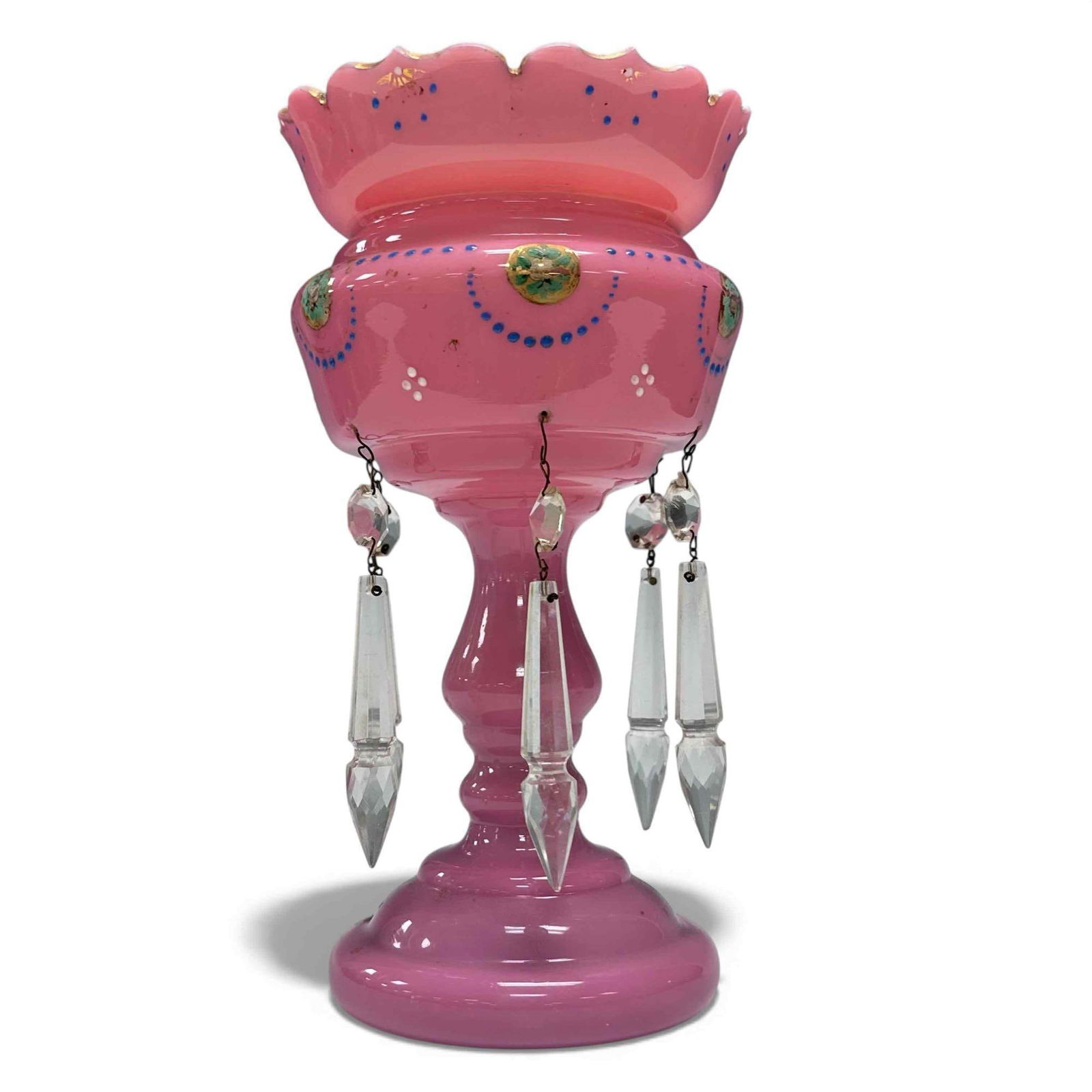 Victorian Pink Cased Glass Luster with Prisms: 19th century pink cased glass luster with hand painted enamel and hanging crystals. Measuring approx. 9.25" tall. In good condition with small chip to rim, see photos.
