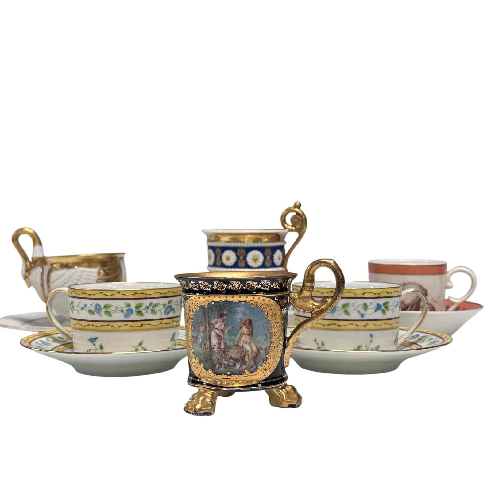 Ornate Porcelain Cups and Saucers Collection (6): Limoges A. Raynaud et Cie "Ceralene" blue morning glory with green vine work decor 2.25" tall, French Empire style paw footed heavily gold gilded with cobalt blue bands and raised floral beaded pearl