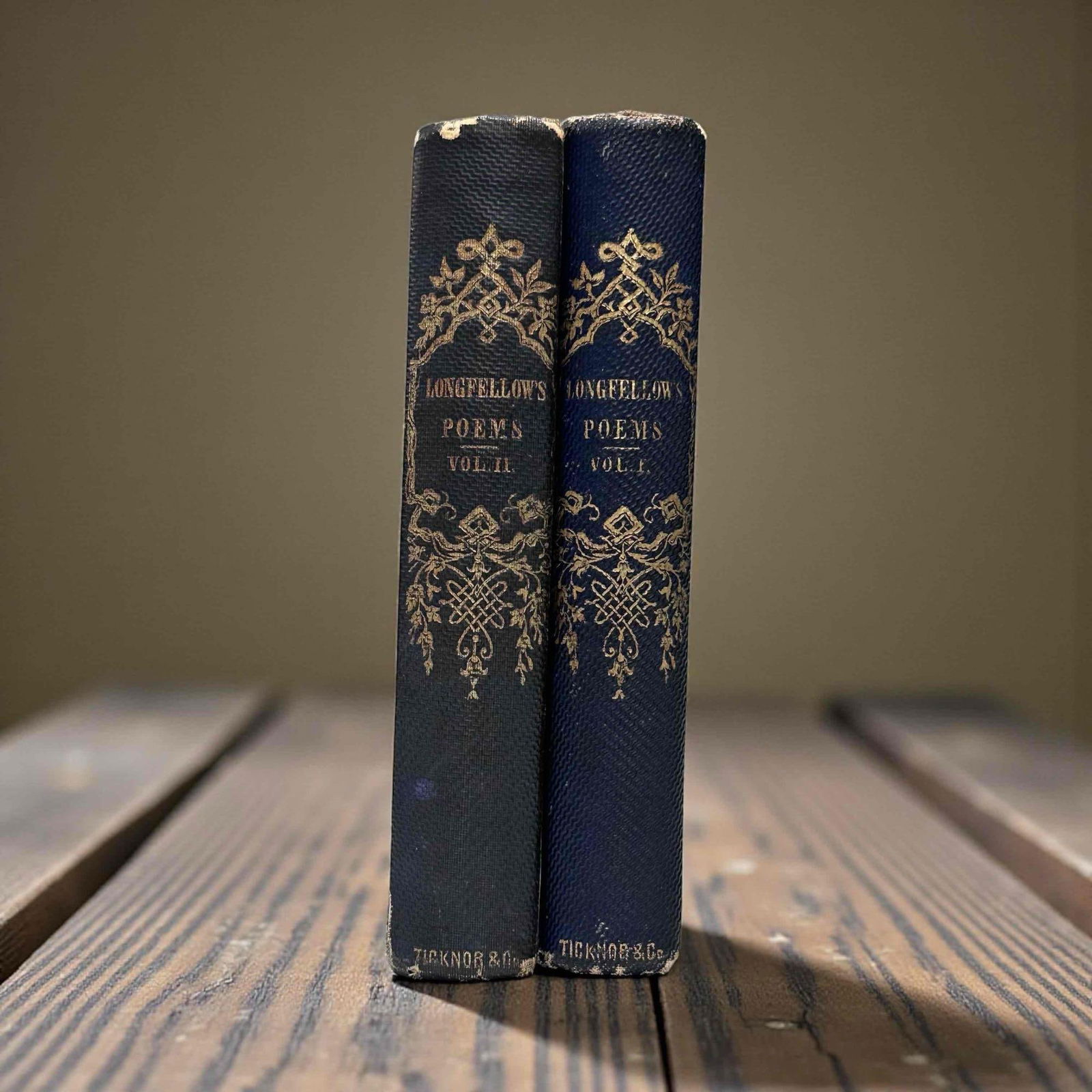 Longfellow's "Poems" Hardback Books Volume 1&2: 1856 Henry Wadsworth Longfellow "Poems" hardback books volumes 1&2 by Ticknor & Co.. Measuring approx. 5.75" tall by 4" wide. In age appropriate condition with some wear, see photos.