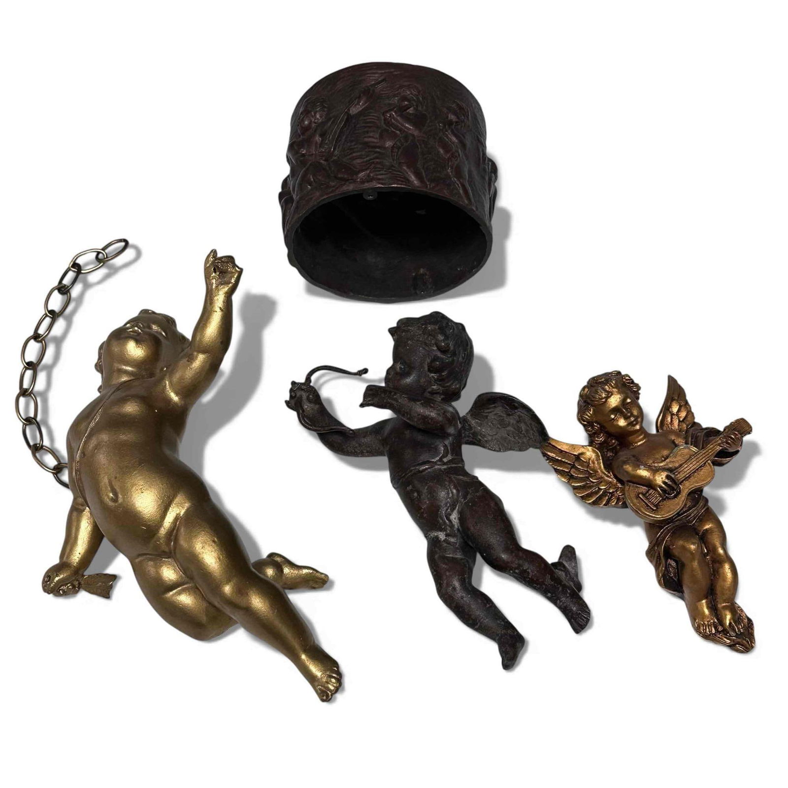 Cherub Collection Lot (4): Collection lot of various cherub pieces. 5" flat wall hanging flying cherub playing lute. Hanging Cherub that measures approx 9" and is missing arrows from hands. 6" Cherub with bow missing arrows, br