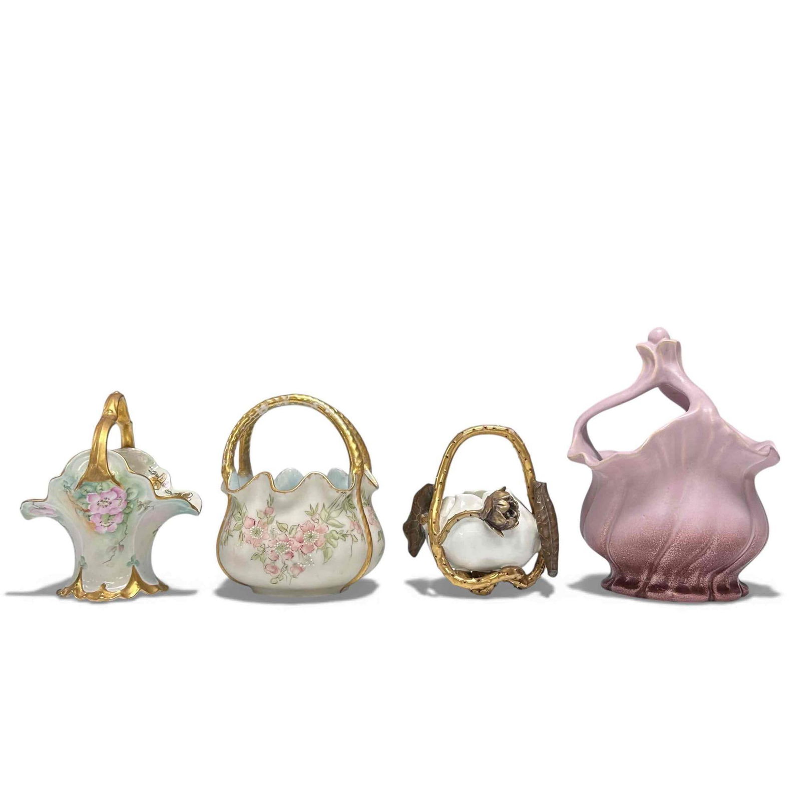 Weller, Moore Art Pottery Basket Lot: Collection lot of art pottery baskets. Weller art pottery lido basket with 3 tier handle. Ruffled design, in shades of pink and brown. Good condition measures 8.5" x 6." Moore Brothers porcelain vase