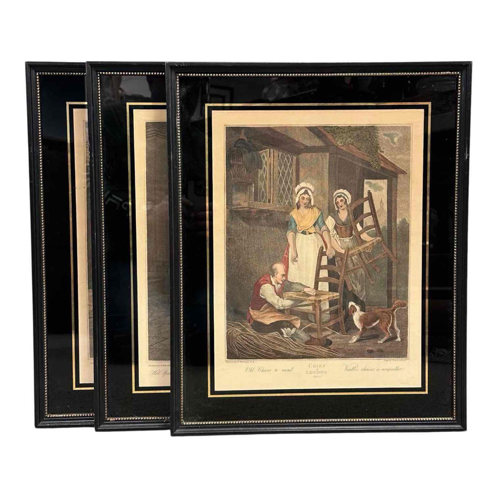 Set of 3 Francis Wheatly "Cries of London" Prints: Collection of 3 Francis Wheatly. "Hot Spice Gingerbread Smoking Hot!" "Knives, Scissors and Razors to Grind" and "Old Chairs to Mend". Prints in good conditions frames have a couple dings, see photos.