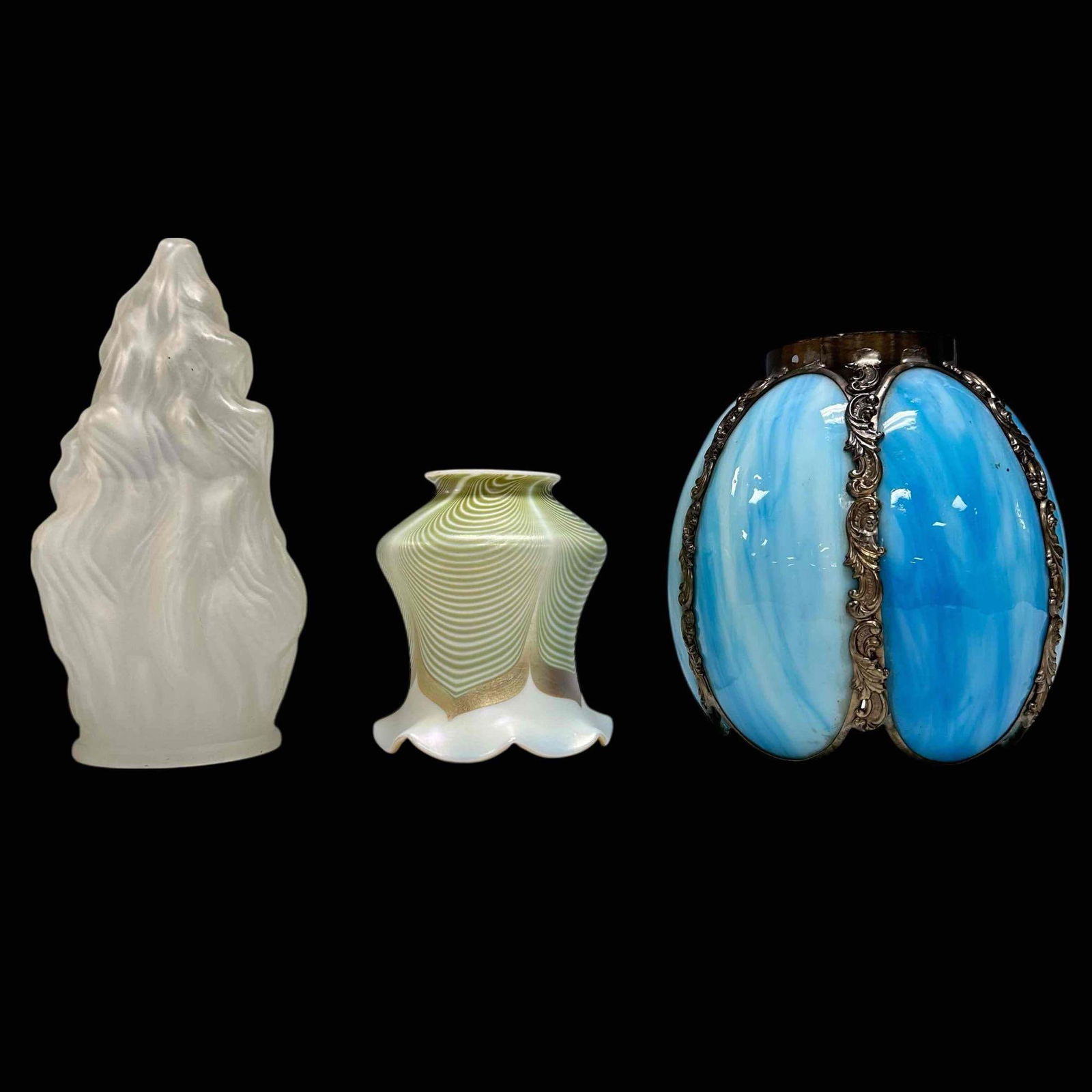 Arts and Crafts and Art Nouveau Glass Lamp Shades (3): Curved blue marbled slag glass pendant shade with ornate metal framing 6.25" tall with 3" fitting, Quezal iridescent pulled feather with ruffled opalescent white base 4.5" tall with 2.25" rim fitting