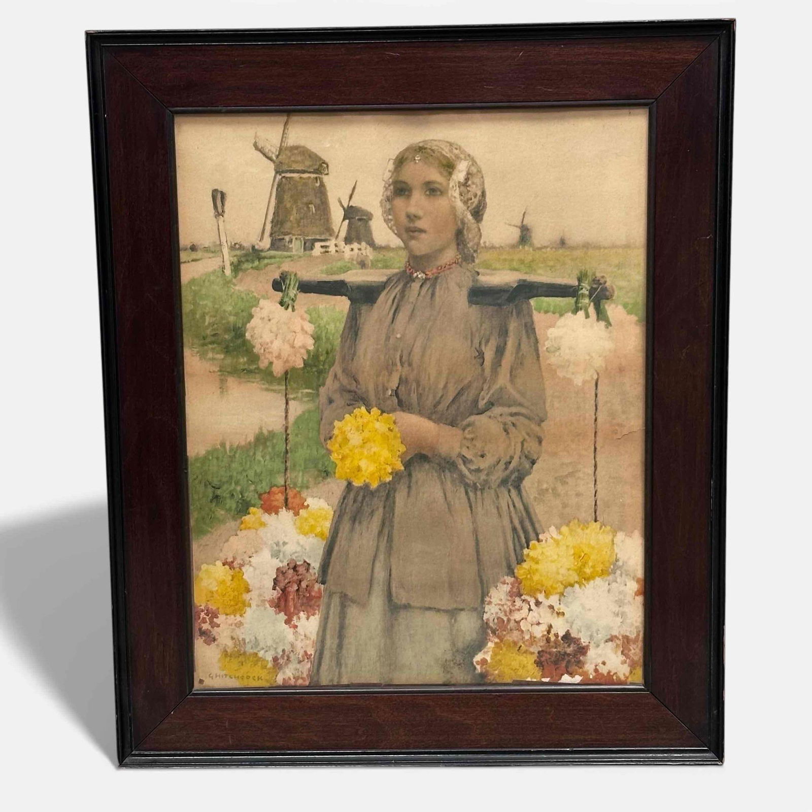 Dutch Flower Girl Print by George Hitchcock: Dutch Flower Girl Print by George Hitchcock. Print has a small tear in it, and frame has a few nicks, see photos. Frame Measures approx 23" x 19" print measures approx 19" x 15"