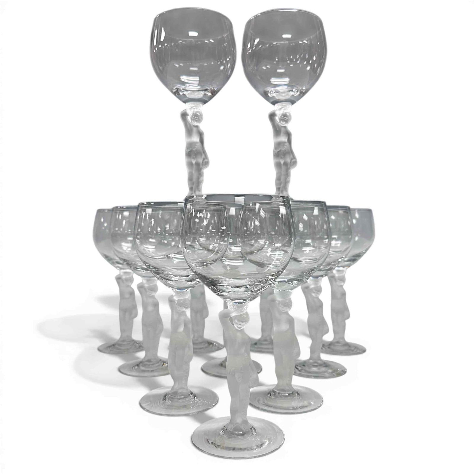 12 Bayel Bacchus Frosted Nude Wine Glasses Stemware: Set of 12 Bayel Crystal stemware. Crystal wine goblets with frosted nude figure stems. The nude figure is called Bacchus, the Roman God of wine. Each glass measures approx 7.25" tall with a 3.5" diame