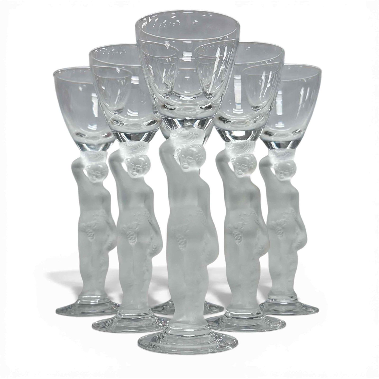 6 Bayel Bacchus Frosted Cordial Glasses Nude Stemware: Set of 6 Bayel crystal Bacchus stemware. Crystal cordials with frosted nude figure stems. The nude figure is called Bacchus, the Roman God of wine. Each glass measures approx 6" tall with a 2" diamete