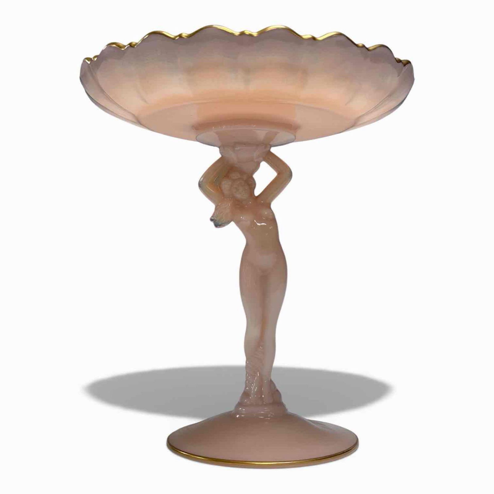 Cambridge Art Deco Nude Stem Compote: Art Deco style Cambridge Crown Tuscan compote. Opaque pink glass with nude lady for the stem and a gold trimmed shell-shaped dish. No noticeable cracks, chips or repairs, see photos. Measures approx.