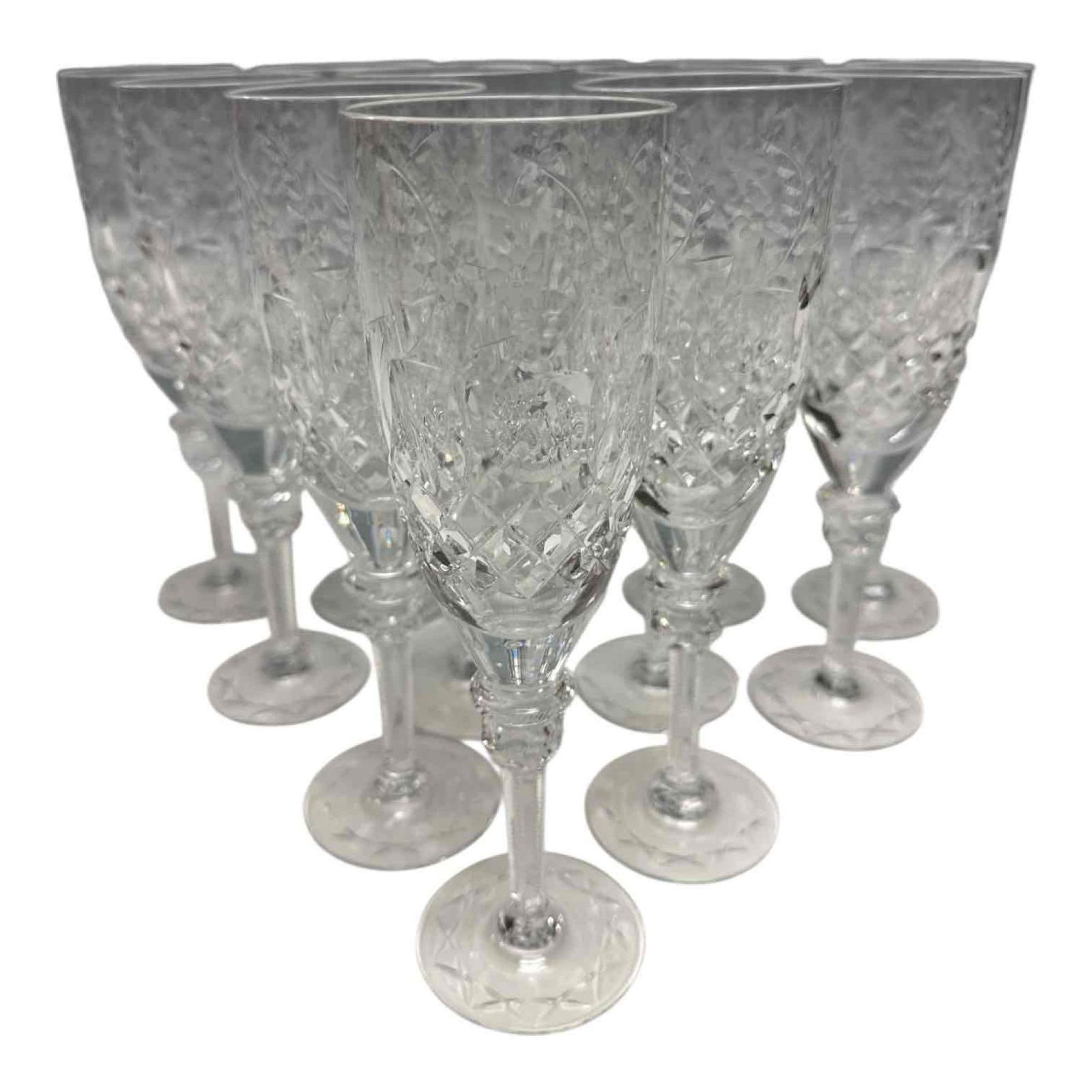Rogaska Gallia Cut Crystal Fluted Champagne Glasses (12): 12 Rogaska Gallia pattern cut crystal fluted champagne glasses. Featuring a gray and polished floral design on the bowl with a fancy cut stem. Stand approx 8" tall all in good condition, see photos. O