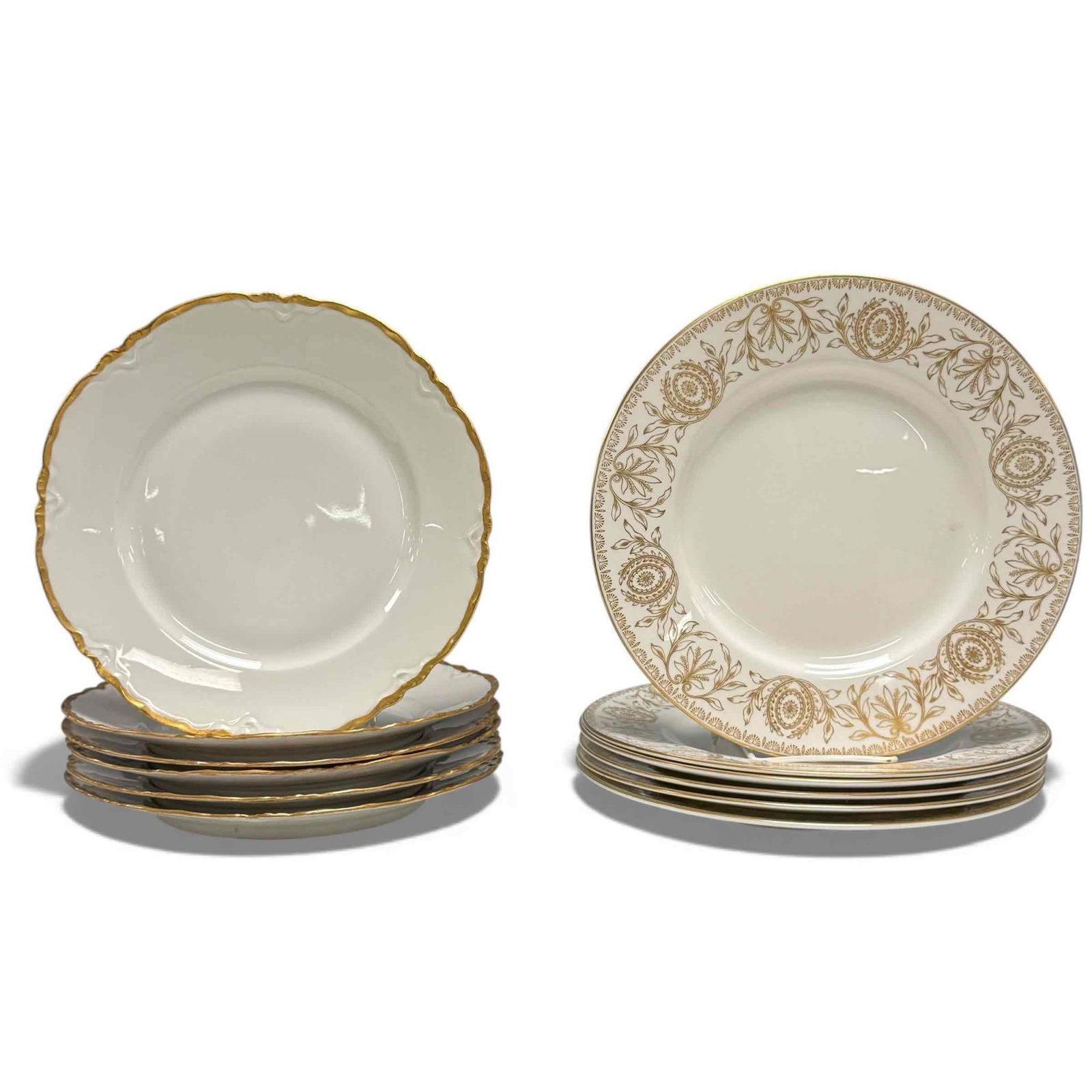 Hutschenreuther and Royal Worchester Dinner Plate Lot: Six 10" Hutschenreuther The Blenheim plates. Racine shape with heavy gold trim on scalloped edge. Good condition with minor use marks. Six 10.5" Royal Worchester classic Pompadour gold wheat leaf patt