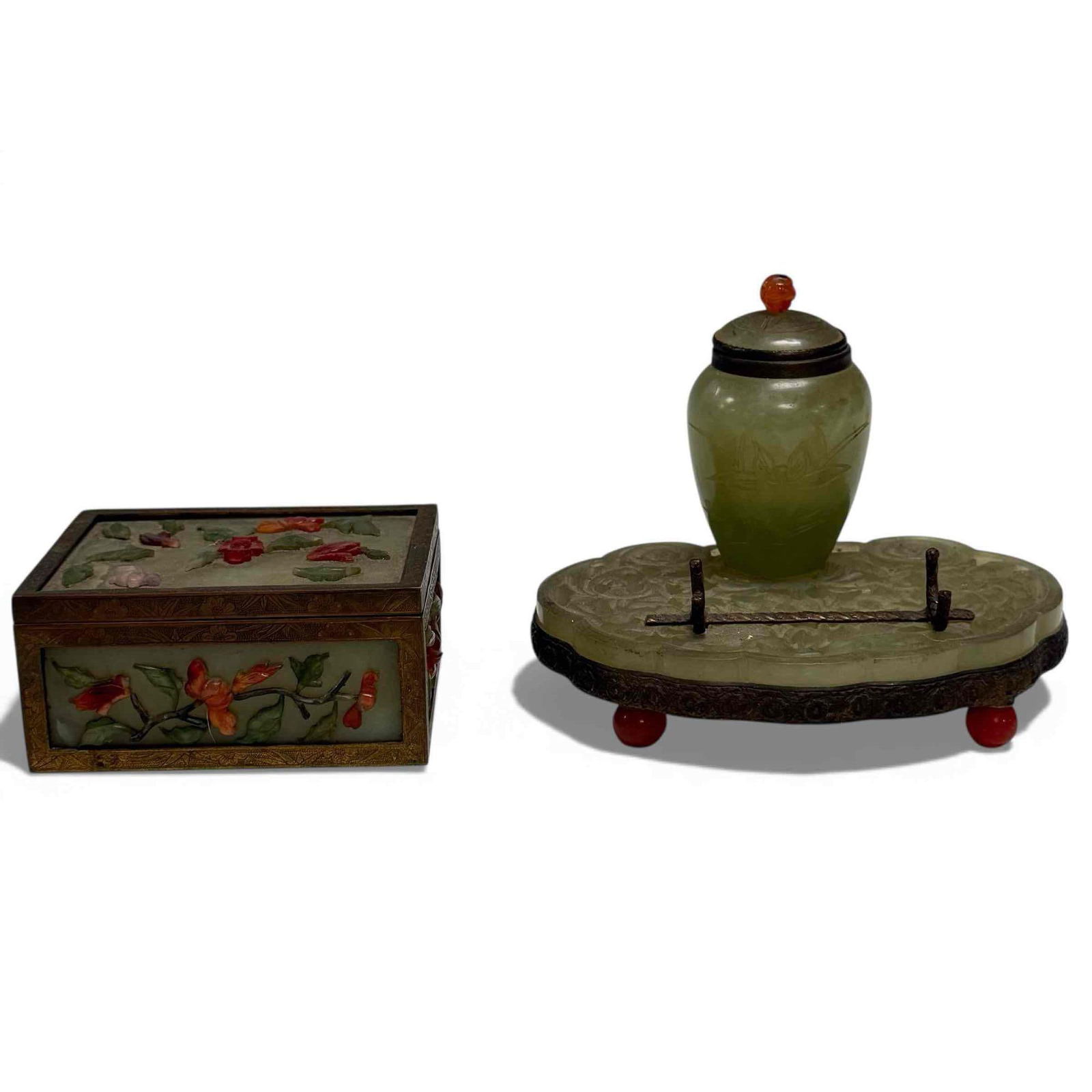 Chinese Carved Jade Inkwell Pen Stand and Stationary Box: Chinese carved jade desk set. Floral carved jade inkwell with floral brass trim border. Lidded inkwell and brass pen holder. Carved green jade with intricate birds and flower details. Measures 3.5" x