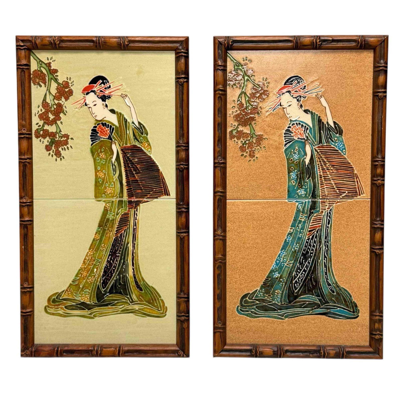 Majolica Hand Painted Oriental Females Framed Tiles (2) (1 of 14)