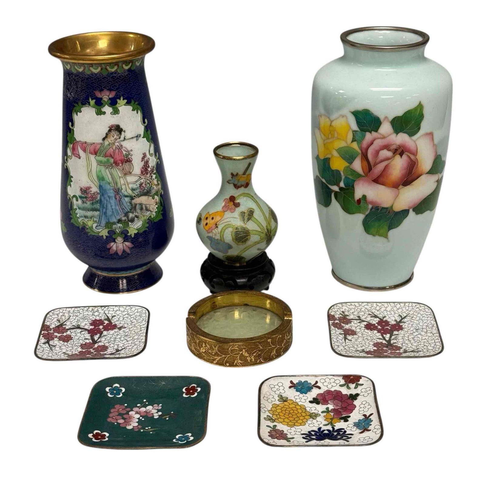 Cloisonne Enameled Vases Trays and Jade Ashtray (8) (1 of 18)