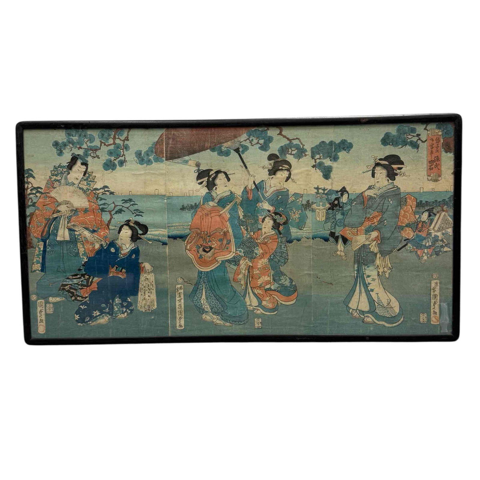 Utagawa Kunisada Toyokuni III (1786-1864) Woodblock Prints: Series of three woodblock prints from the mid 19th century Edo period by Utagawa Kunisada also known as Toyokuni III (1786-1864). Depicting several elegantly dresses Geisha women enjoying a leisurely