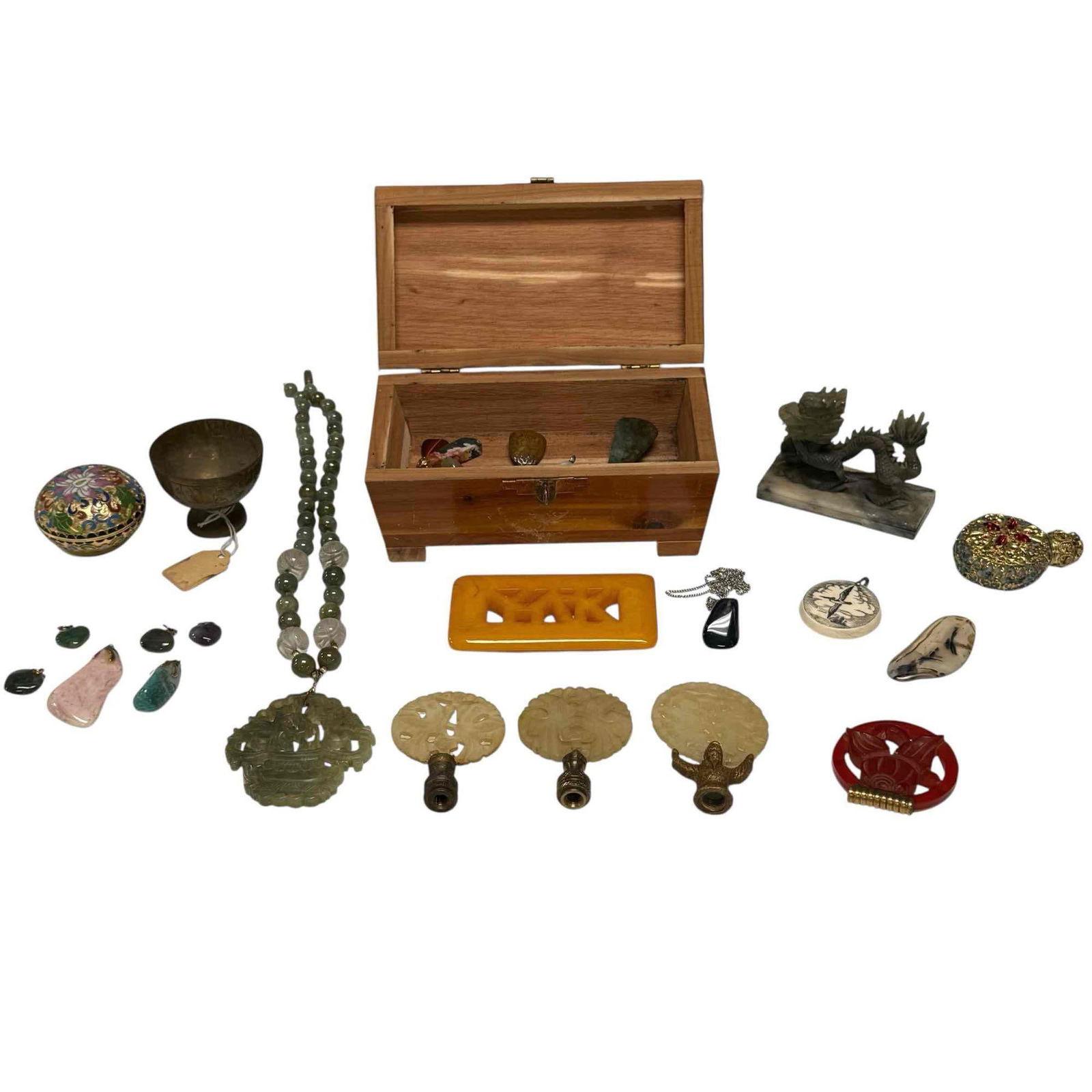 Chinese Jade and Hard Stone Variety Collection: Grouping includes; jade/jadeite beaded pendant necklace 20" long. lamp medallion finials, various stone pendants, snuff bottle, yellow plaque and more. In good condition, see photos.
