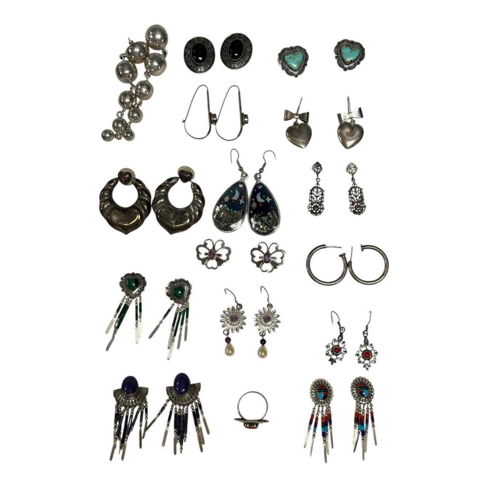 Native American Southwestern and Vintage Sterling Silver Earrings (15): Collection of 15 sets of vintage southwestern style plus hearts, butterflies, hoops, beads, silver balls, semi-precious stones and heart ring. Measuring approx. .75" to 3" long. In good age appropriat