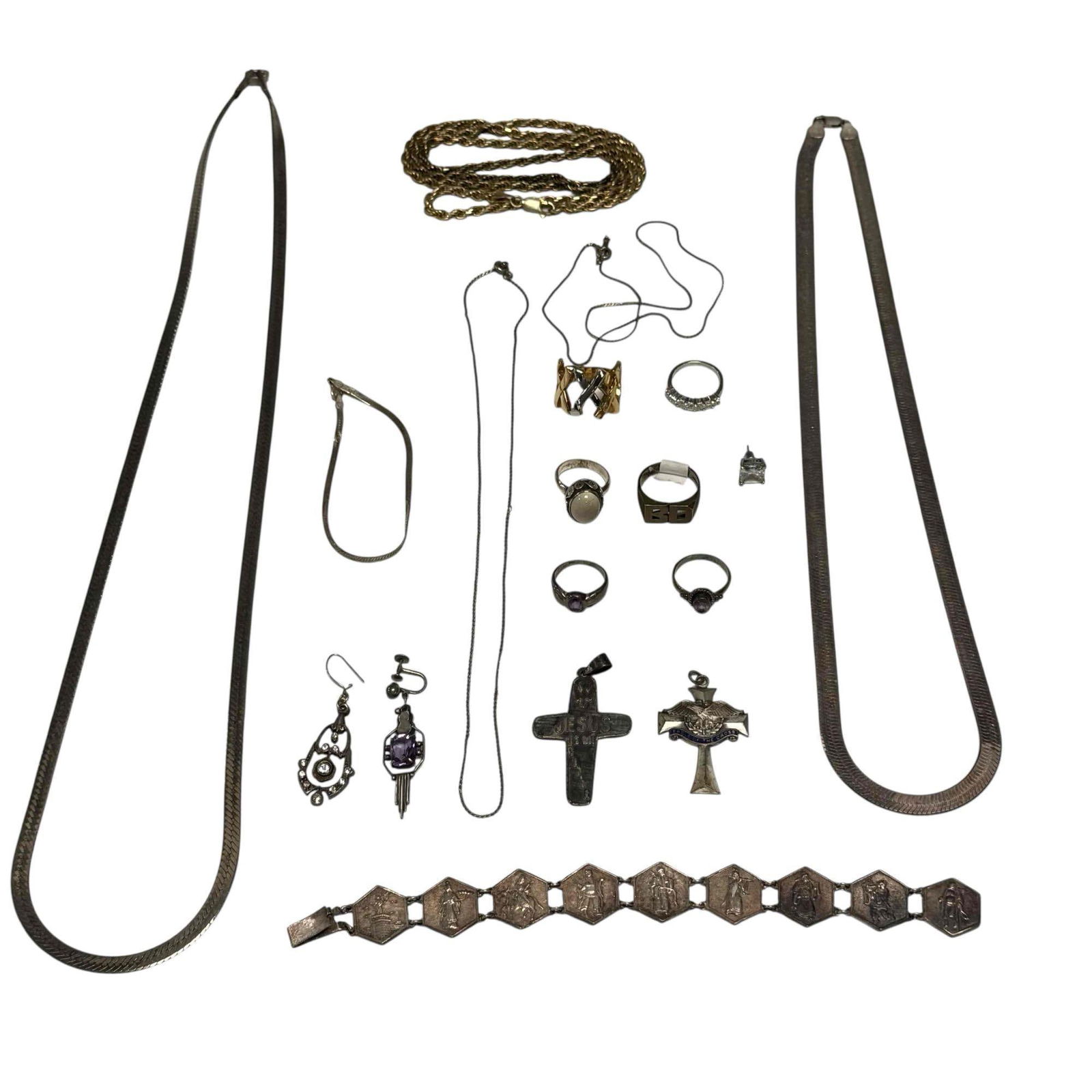 Herringbone Necklaces and Other Sterling Silver Jewelry Group: Sterling silver jewelry including' Herringbone necklaces 24" & 30" long, Asian mythology panel bracelet 7.5" long, crosses, rings and earrings. Total weight of 175 grams. In good condition, see ph