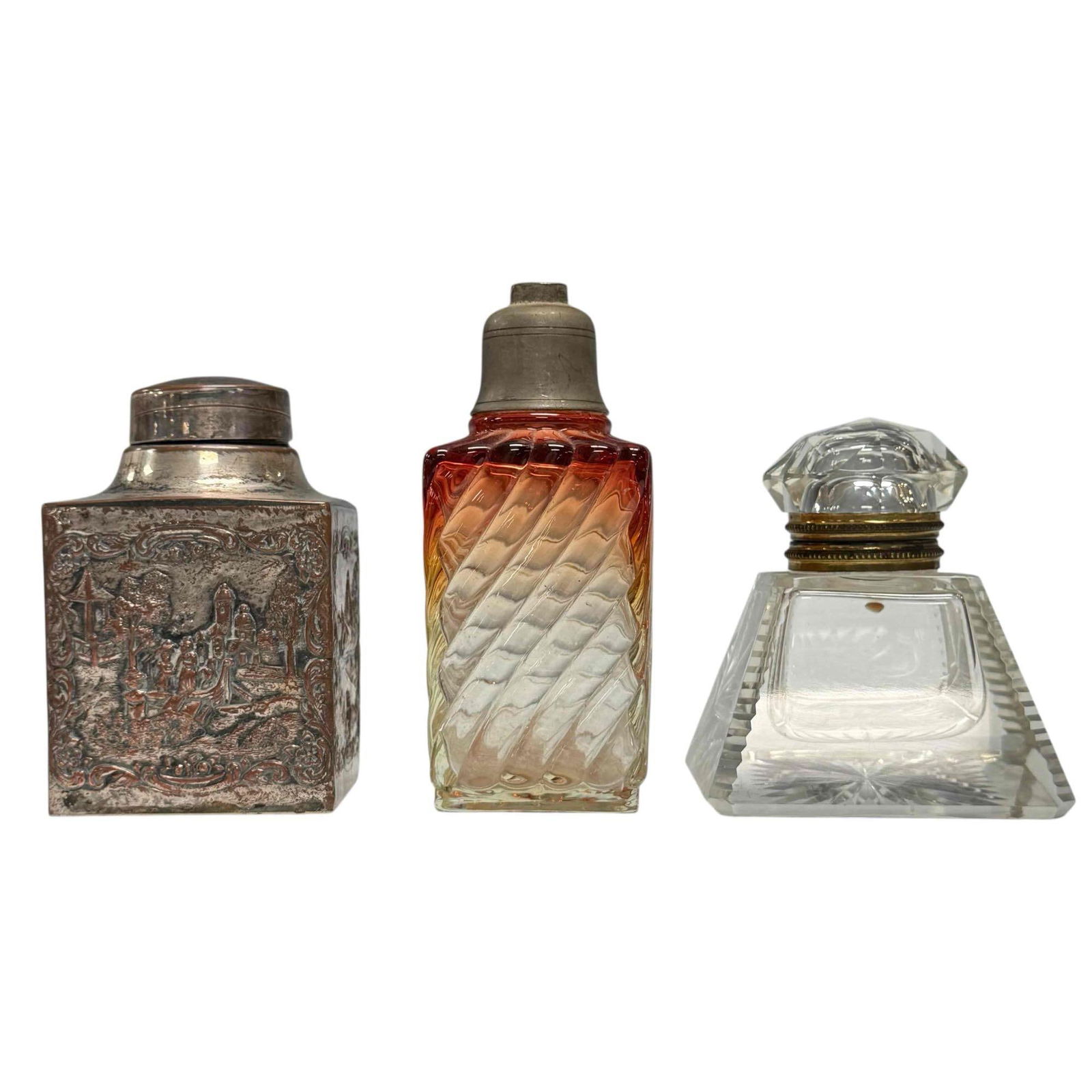 Baccarat Perfume Bottle Tea Caddy Lot: Baccarat Rose Tiente swirl perfume bottle, unfortunately missing the atomizer. Features a twisted swirl glass design with a cranberry fade to orange color. Measures 5.5" x 2.5", see photos. Royal Crys