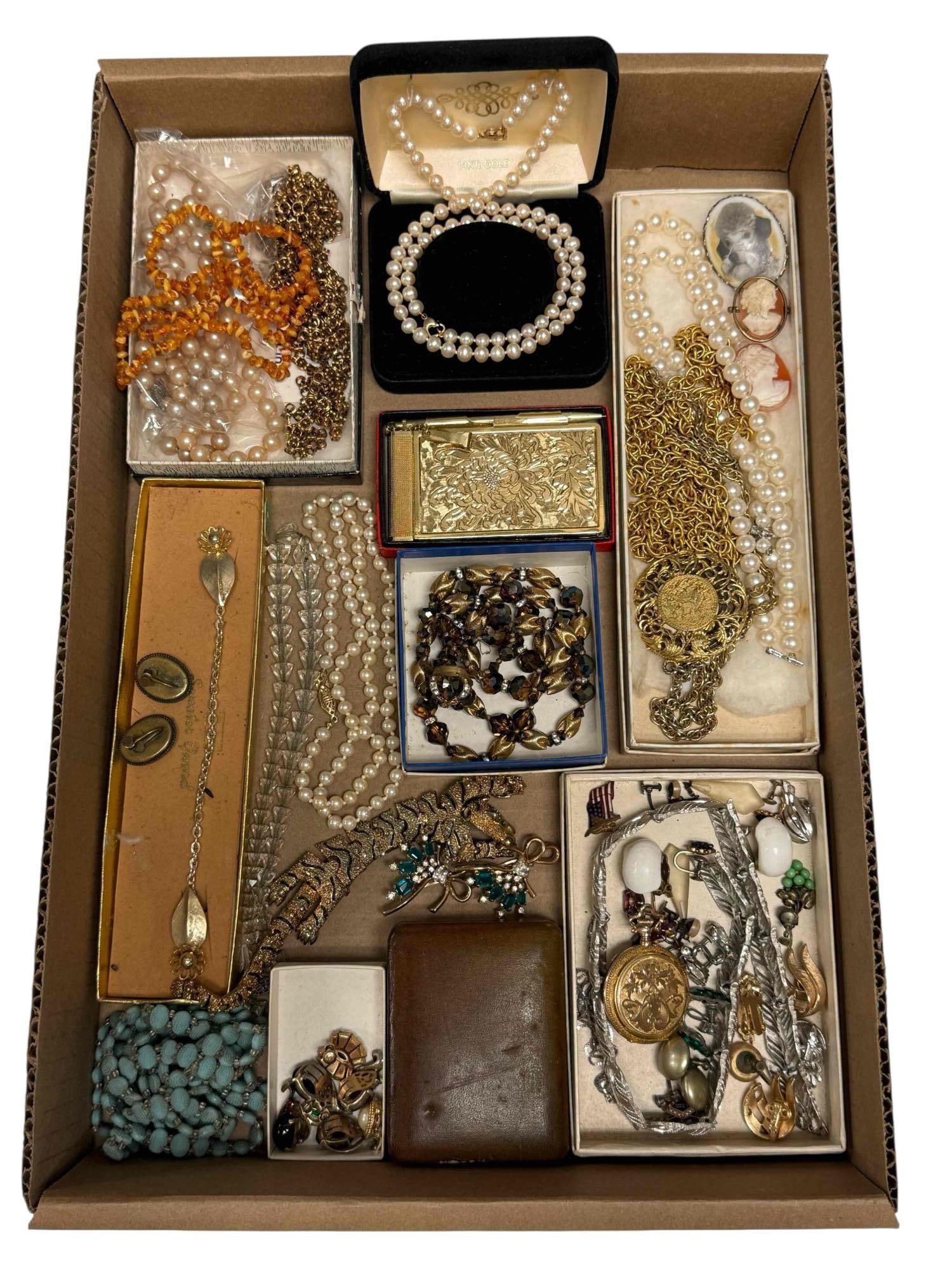 Ladies Costume Jewelry Pearls Necklaces Pocket Watch: Ladies and gentlemen's vintage costume jewelry including; 14k gold clasp pearl necklace, earrings, brooches, pocket watch, tie clips, sterling silver U.S. Army Marksman Weapons Badge, green eyed tiger