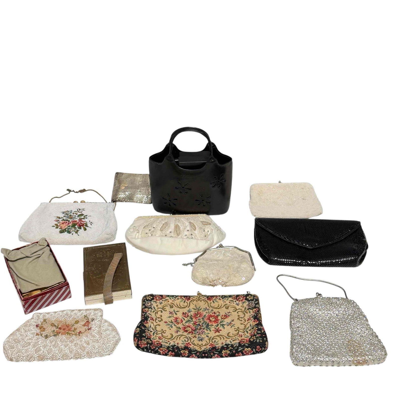 Ladies Evening Bags Clutch Bags Beaded Bags Vanity Bags (12): Including; Kenneth Cole Reaction black floral cutouts, Leo Miller Paris white beaded floral, Whiting and Davis black beaded bag, vintage gold tone "carryall" vanity make up compartment, Kenneth Cole C