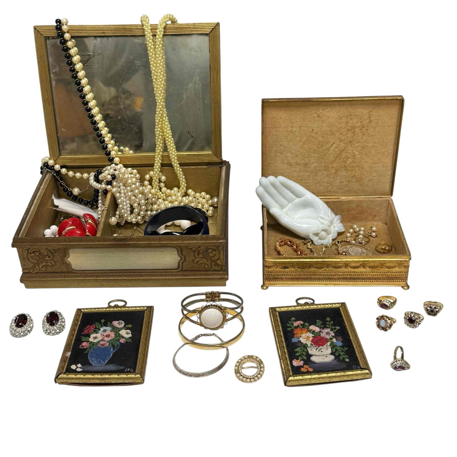 Bronze Apollo Jewelry Chest and Silhouette Box with Costume Jewelry: Apollo French style bronze floral open fretwork footed jewelry box with center floral medallion 2.25" tall by 6.5" wide by 5.25" deep, carved wood glass silhouette jewelry box 3.25" tall by 9.5" wide