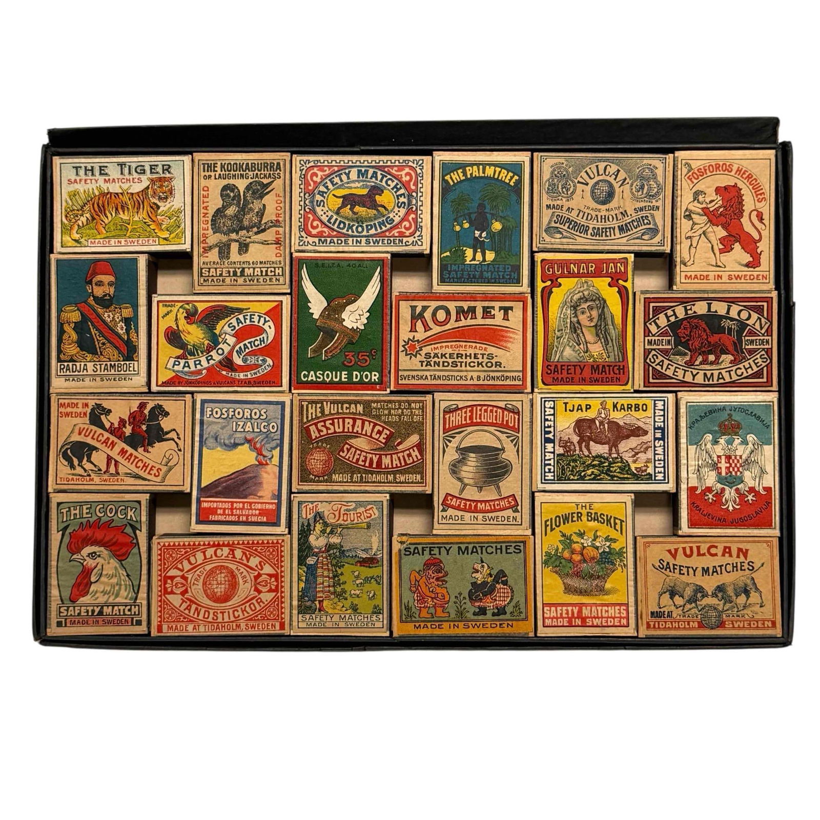 Unused Vintage Matchbox Collection: Collection of 24 unstruck matchboxes. All are full and never used and in age-appropriate good condition. Various designs or pictures. The majority, if not all labelled safety matches are made in Swede
