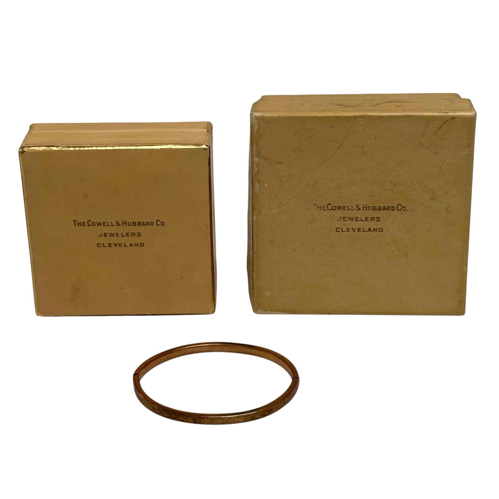 Cowell and Hubbard Jewelers 10K Gold Baby Bracelet w/ Original Boxes: Vintage 10k yellow gold baby bracelet retailed by The Cowell & Hubbard Co. Jewelers Cleveland, Ohio. Having both original jewelry box and cardboard gift box. Measuring approx. 1.75" wide by 1.5" t