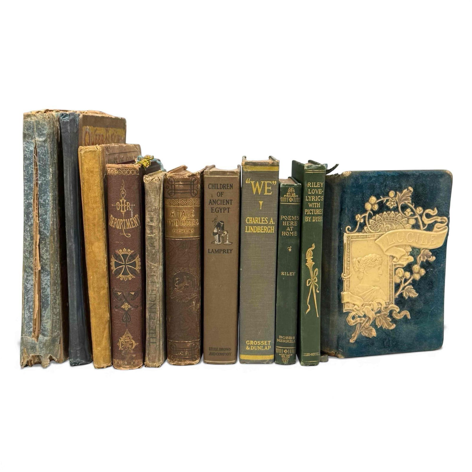 Variety of Eleven Victorian to Vintage Books Including Dickens (11): Blue felt and ivory color "Lucile" by Owen Meredith, Children of Ancient Egypt, "WE" by Charles Lindbergh, Love books, Tale of two Cities by Dickens, Our Deporzment, Queer Fancies Odd Glances, Chatter