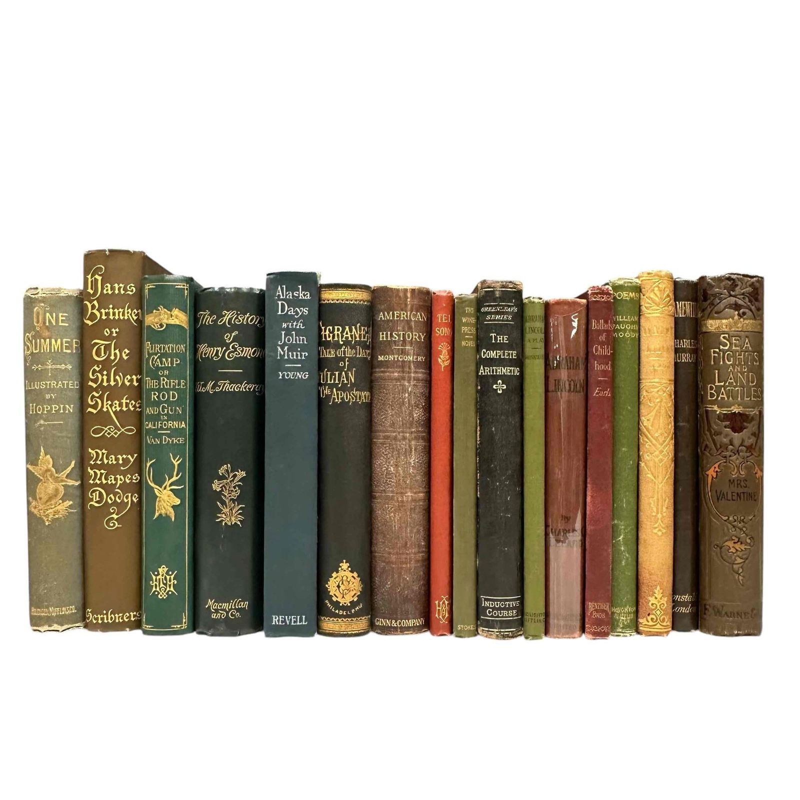 Assortment of 17 Books. Late 19th to Early 20th Century - Flirtation Camp & Alaska Days 1st ed.: An assortment of 17 books ranging from the late 19th to 20th century. These are mainly decorative pieces with the exception of two notable first editions of Alaska Days with John Muir by S. Hall Young