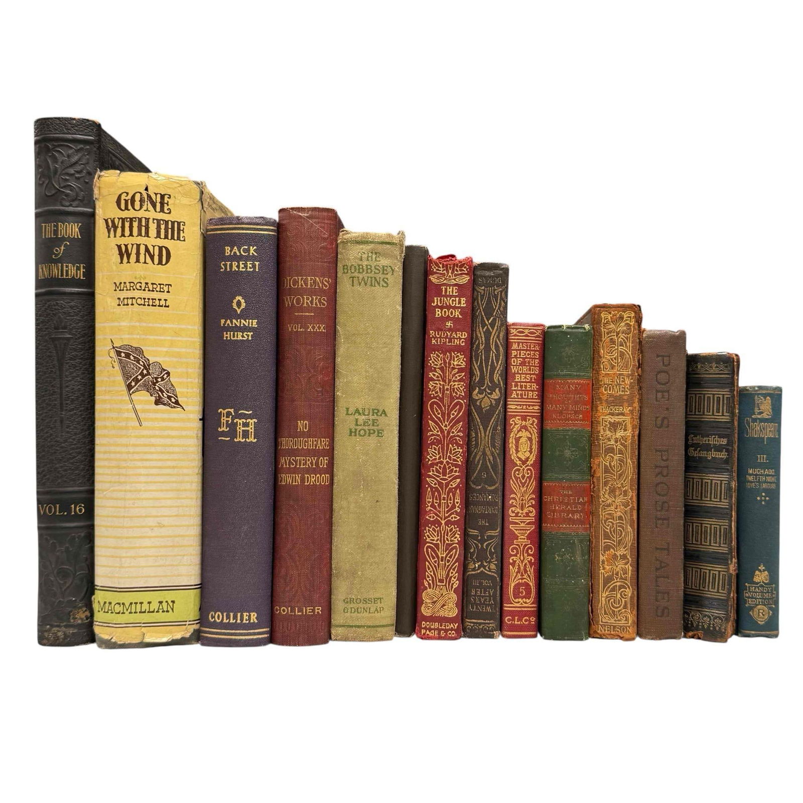 Hardback Books Including Shakespeare Jungle Book "Gone with the Wind" and More (14): Including; The book of Knowledge, Gone with the Wind, Dickens Works Mystery of Edwin Drood, Back Street Fannie Hurst, The Bobbsey Twins, Poes Prose Tales, The New Comes, The Jungle Book, George Link,