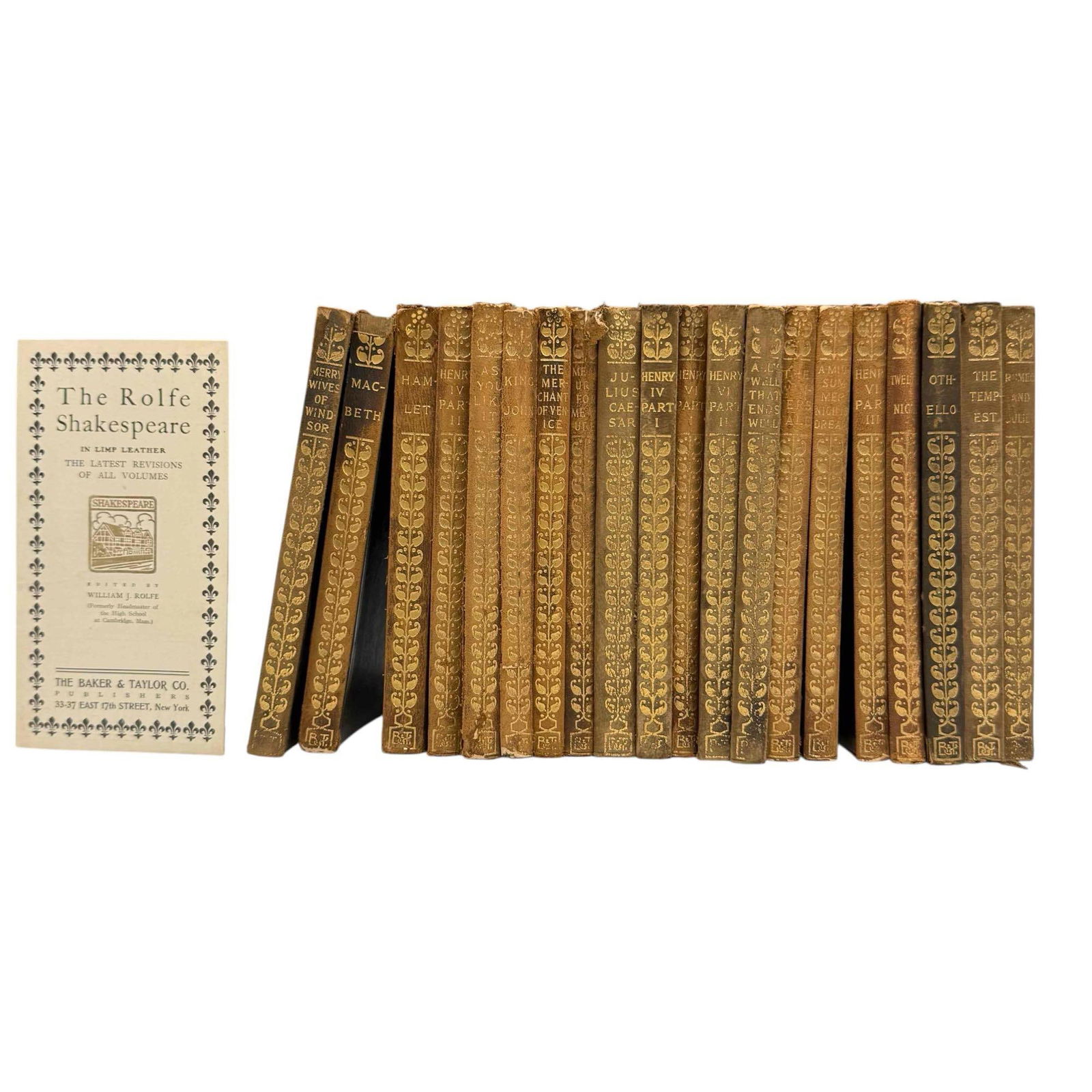 21 Volumes of The Rolfe Shakespeare in Limp Leather, Late 19th Century: 21 volumes of Shakespeare's works bound in a soft leather by the Baker & Taylor Co of New York. These volumes run the gamut of Shakespeare's works and are in a small portable format. Each volume i